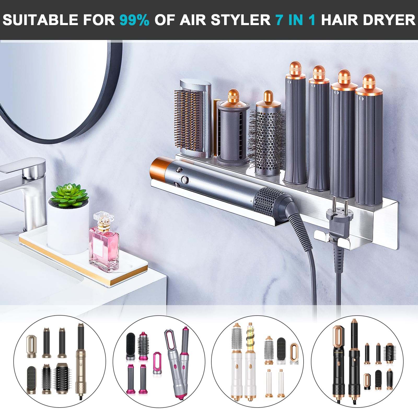 **Wall Mounted Hair Dryer Holder - 7-in-1 Styler & Curling Iron Organizer with Adhesive Backing - Bathroom Storage for Blow Dryers, Straighteners & Hair Tools (Perfect for Small Spaces & Clutter-Free Vanities)**