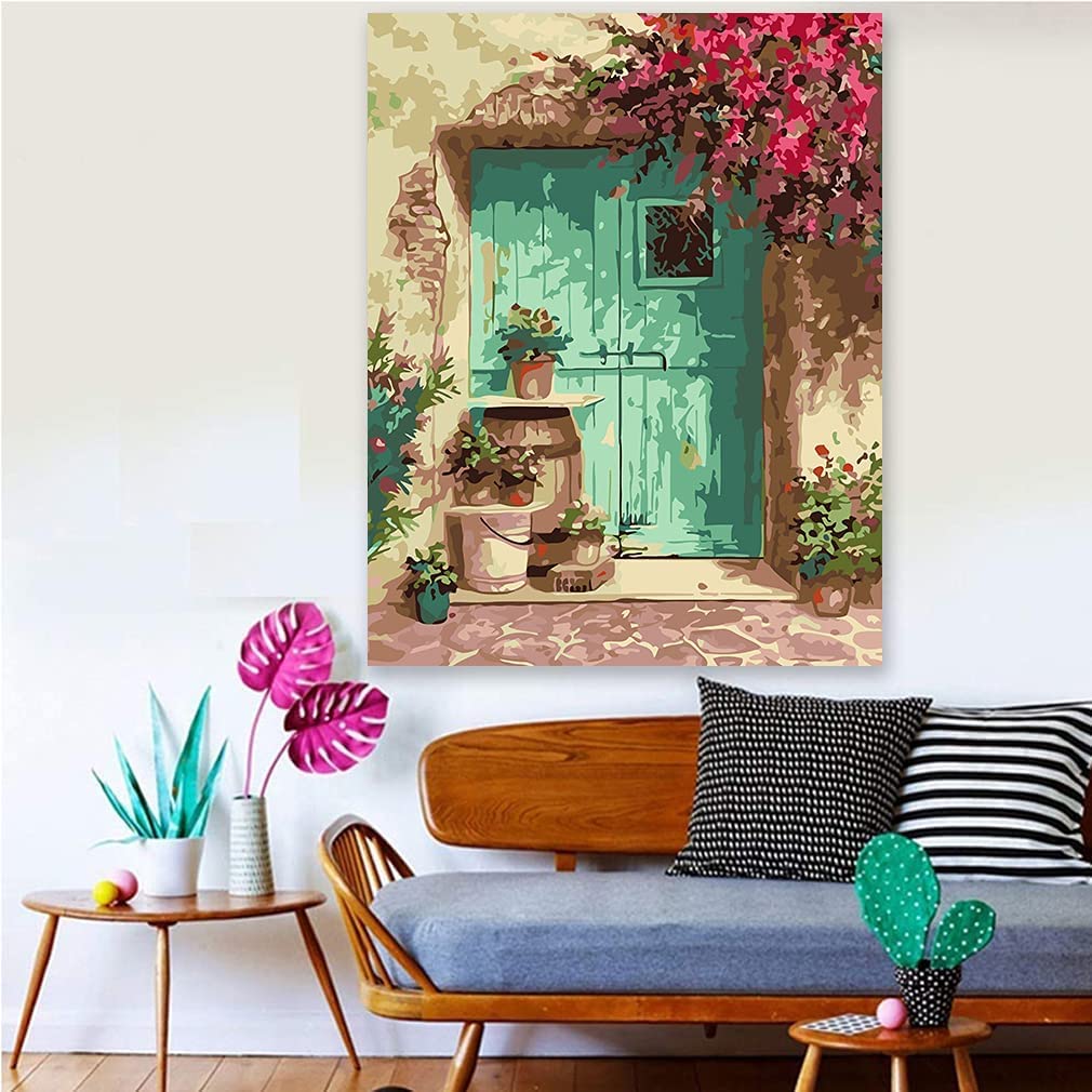 Eniref Blue Door with Flower Paint by Numbers Kit for Adults Beginners - 16x20 Inch Acrylic Painting Set for Home Wall Decor | DIY Art Therapy, Relaxation & Gift Idea