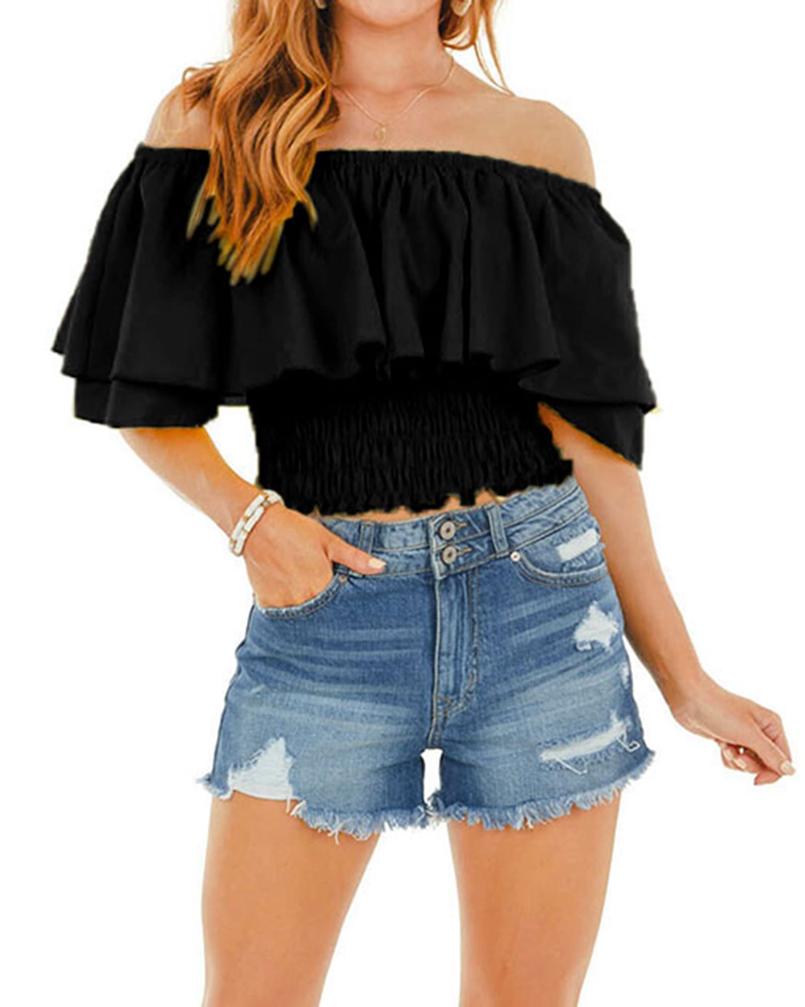 Hibluco Women's Off Shoulder Ruffled Crop Top - Smocked Waist Blouse for Summer | Casual Wear, Beach Outfits, Date Night & Vacation Style