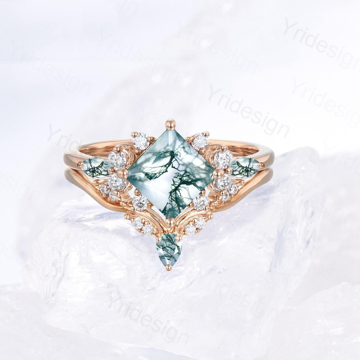 14K Rose Green Moss Agate Princess Cut Engagement Ring Set with Moissanite Accents - Art Deco Style Cluster Bridal Jewelry for Women - Perfect for Proposals, Weddings & Anniversary Gifts