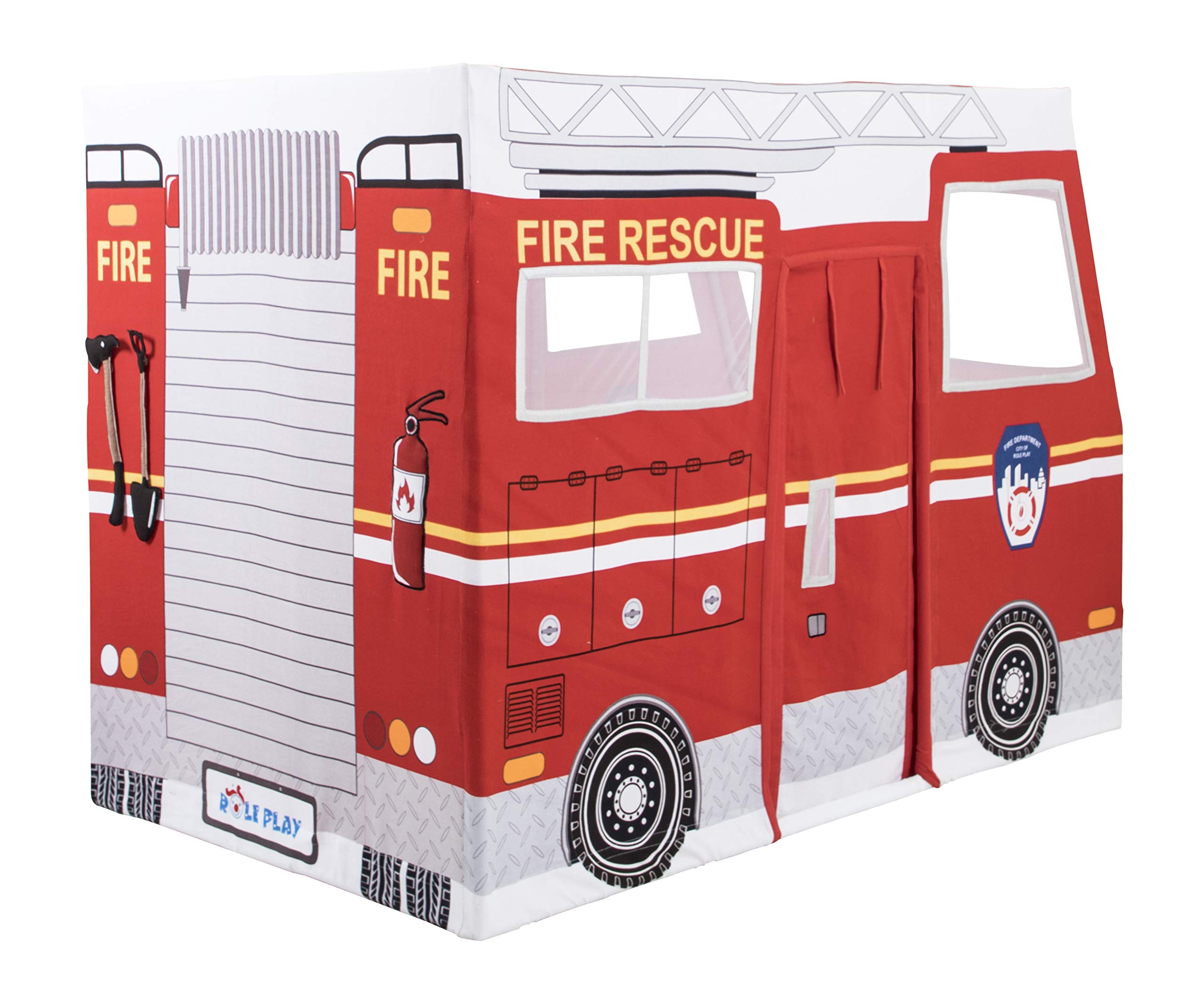 Premium Kids' Fire Truck Play Tent - Indoor & Outdoor Role Play House for Pretend Play | 100% Cotton Canvas Durable Playhouse with Free Plush Toys | Encourages Imagination & Creativity for Ages 3+ | Perfect for Backyard Adventures & Birthday Parties