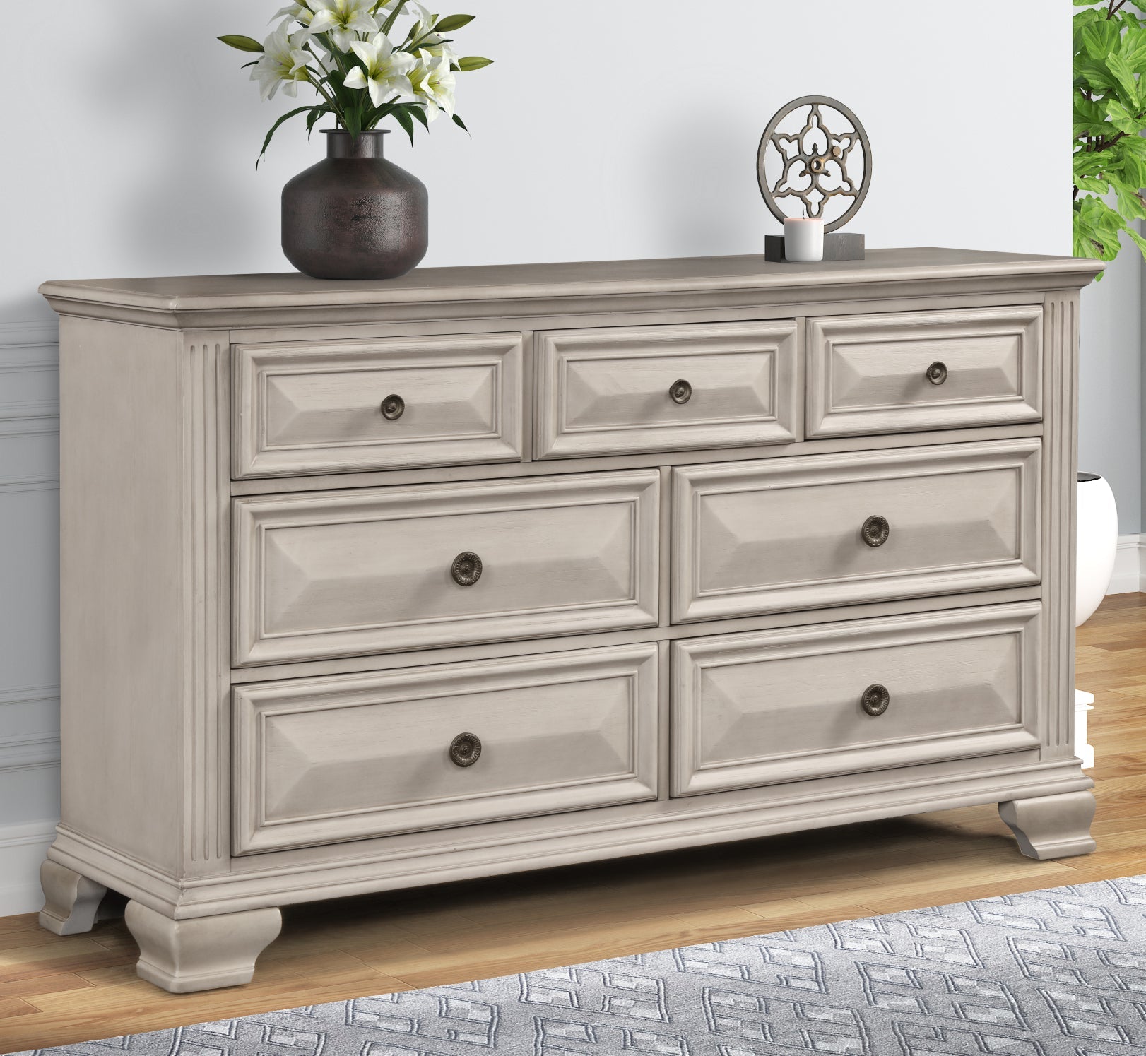 Distressed Parchment 7-Drawer Dresser - Vintage Style Wooden Chest of Drawers for Bedroom, Living Room & Office Storage