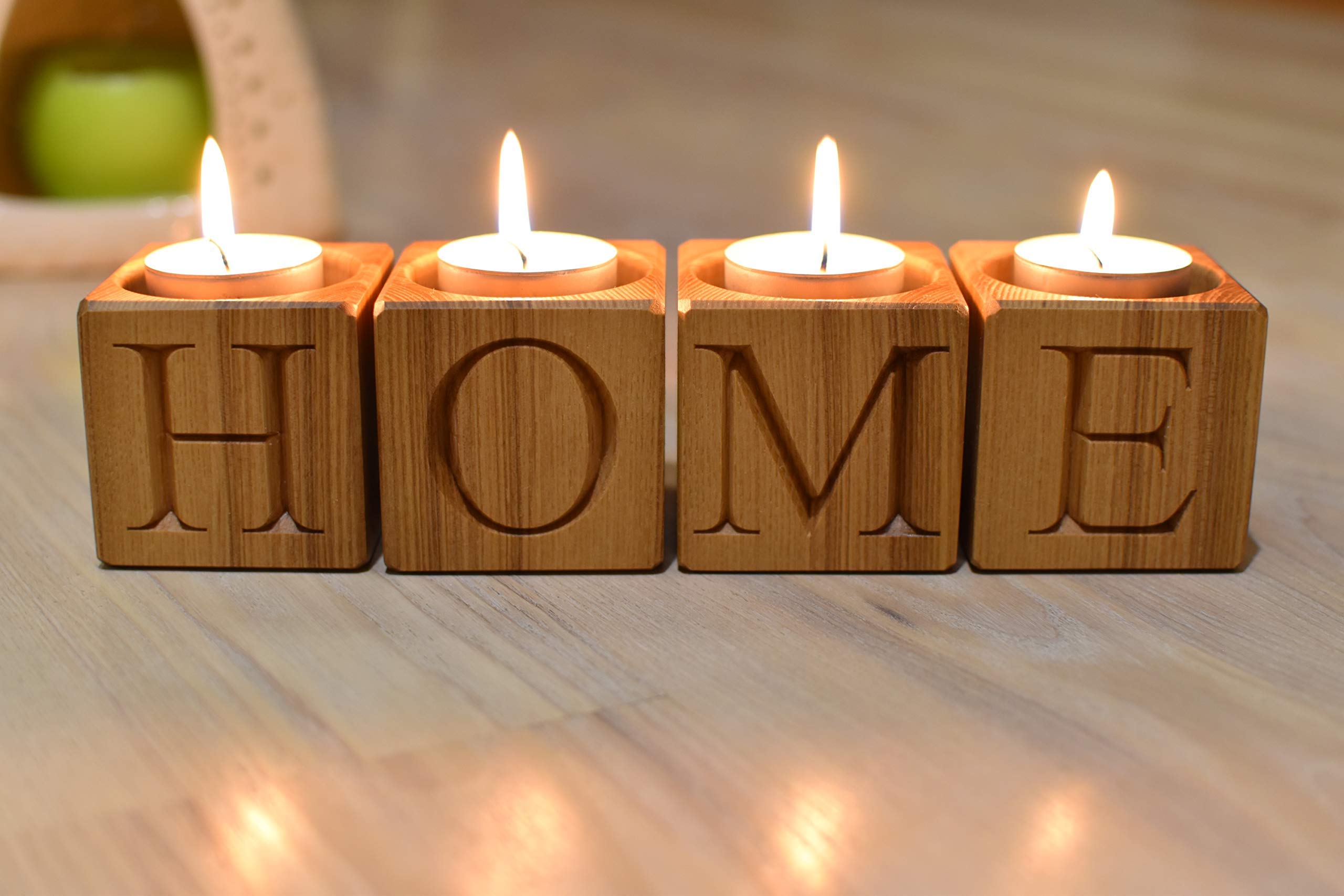 4 Wooden Candle Holders - Rustic Engraved Tealight Holders with Letters for Home Decor | Perfect for Christmas, Advent, Wedding Centerpieces and Farmhouse Style Decor