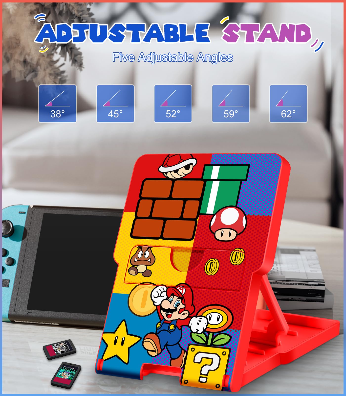 Cute Cartoon Nintendo Switch Stand - Portable Foldable Adjustable Angle Gaming PlayStand for Women, Men, Teens - Perfect for Travel, Bedroom & Living Room Gaming (Red Maro)