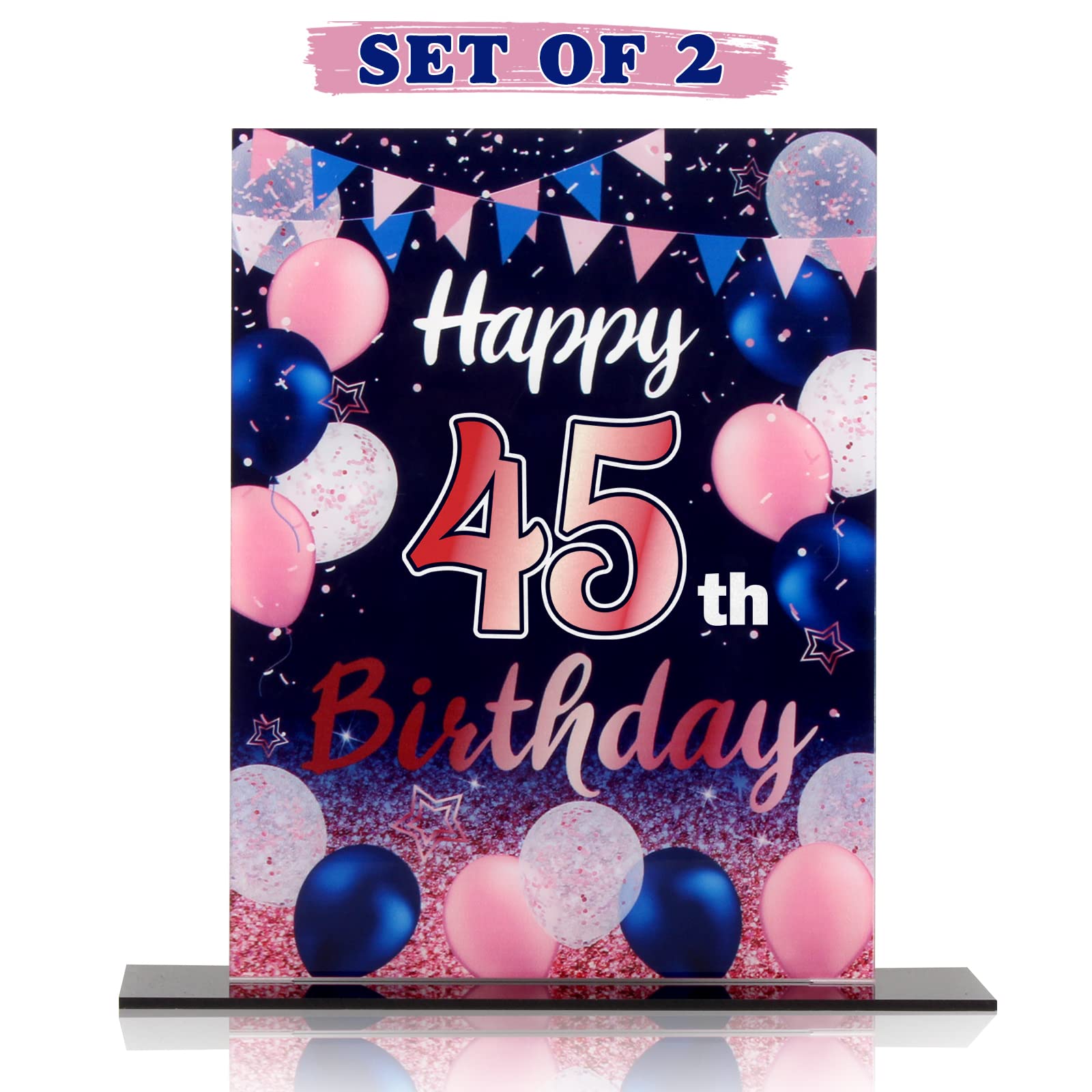 Happy 45th Birthday Party Decorations Set - 2 Navy Blue Acrylic Table Toppers with Balloon Stand & Printed Poster Backdrop for Birthday Centerpieces - Perfect for Anniversary Celebrations, Office Parties & Home Decor