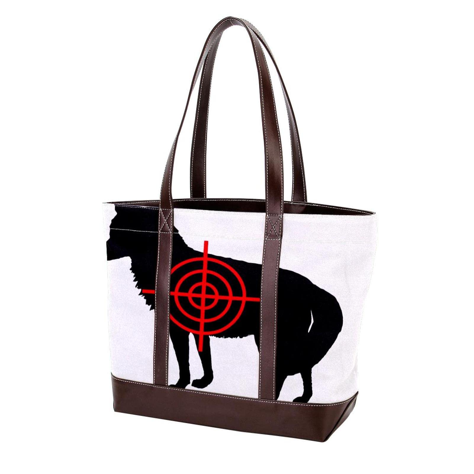Premium Large Leather & Canvas Tote Bag for Women - Super Moon Full Wolf Design, Top Handle Shoulder Satchel Hobo Purse | Perfect for Work, Travel, and Everyday Use