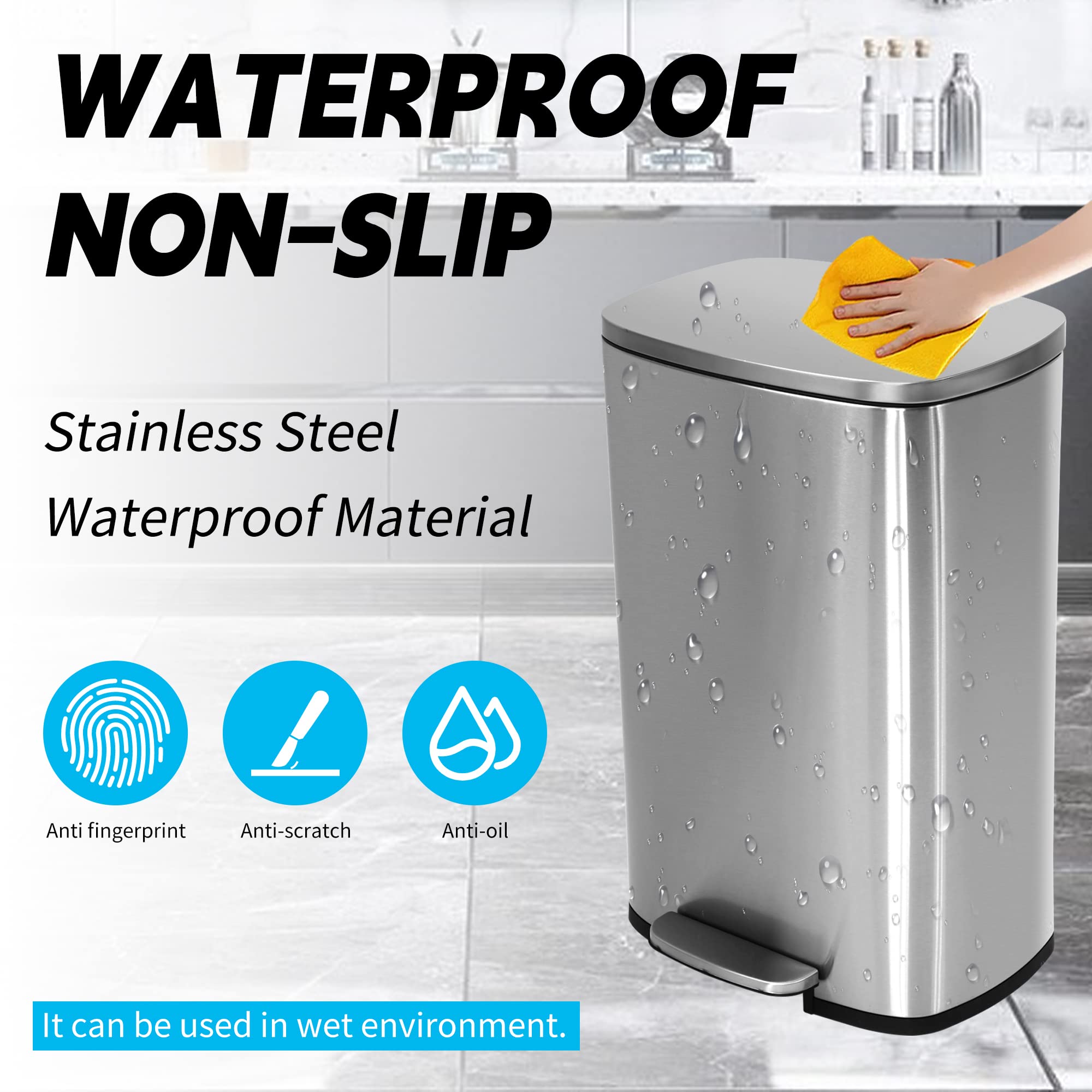 BLKMTY 13 Gallon Stainless Steel Step Trash Can with Lid & Inner Bucket - Pedal Kitchen Garbage Bin for Office & Home Use - Durable Silver Metal Waste Bin for Kitchen, Bathroom & Office Spaces
