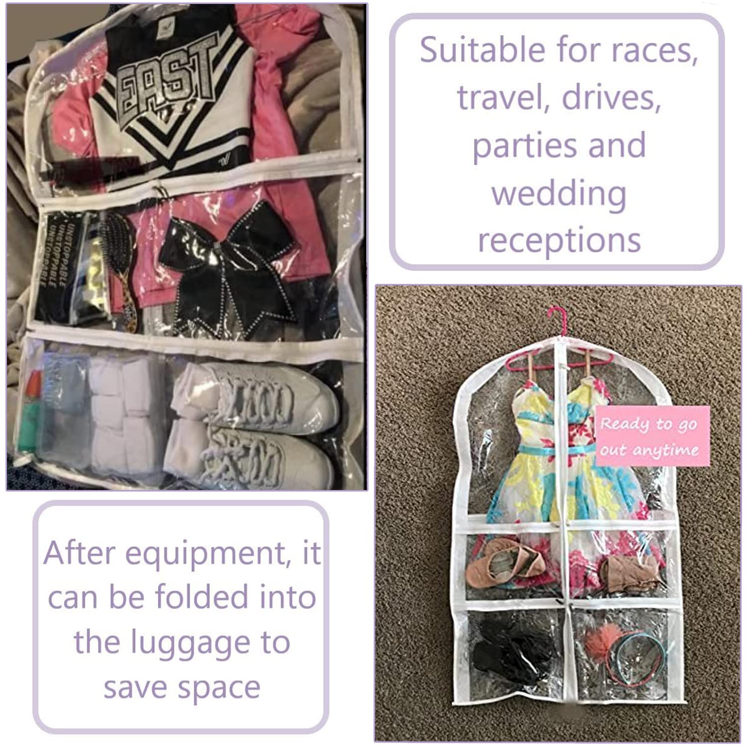 35 Inch Clear Kids Dance Garment Bag - Waterproof PVC Hanging Clothes Organizer with 3 Pockets for Dance Costumes, Sports Wear & Skating Outfits | Perfect for Theatre Performances, Beauty Pageants & Travel Storage