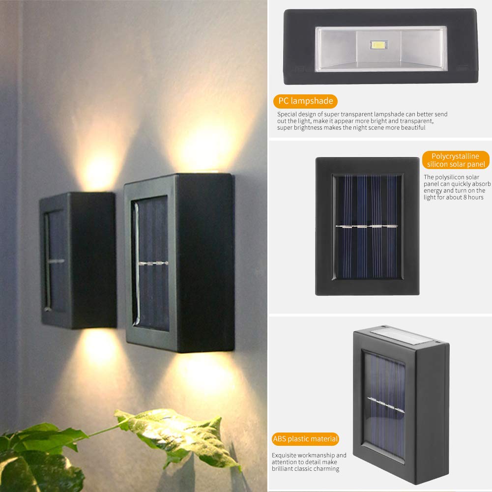 CALIDAKA 2 Pack LED Solar Wall Lights - Waterproof IP65 Outdoor Security Lighting, Up & Down Solar Fence Lights for Garden, Porch, Pathway (Warm White) | Perfect for Home Exterior, Backyard & Landscape Illumination