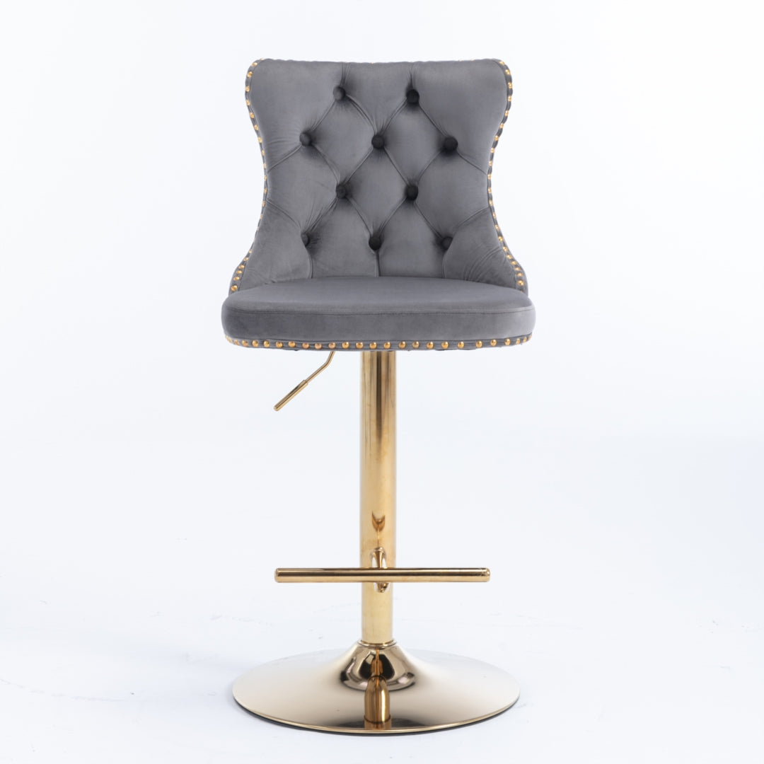 Adjustable Height Swivel Bar Stools with Footrest - Velvet Upholstered, Studded Design & Golden Metal Base (Grey) - Perfect for Kitchen Islands, Home Bars & Modern Dining Areas