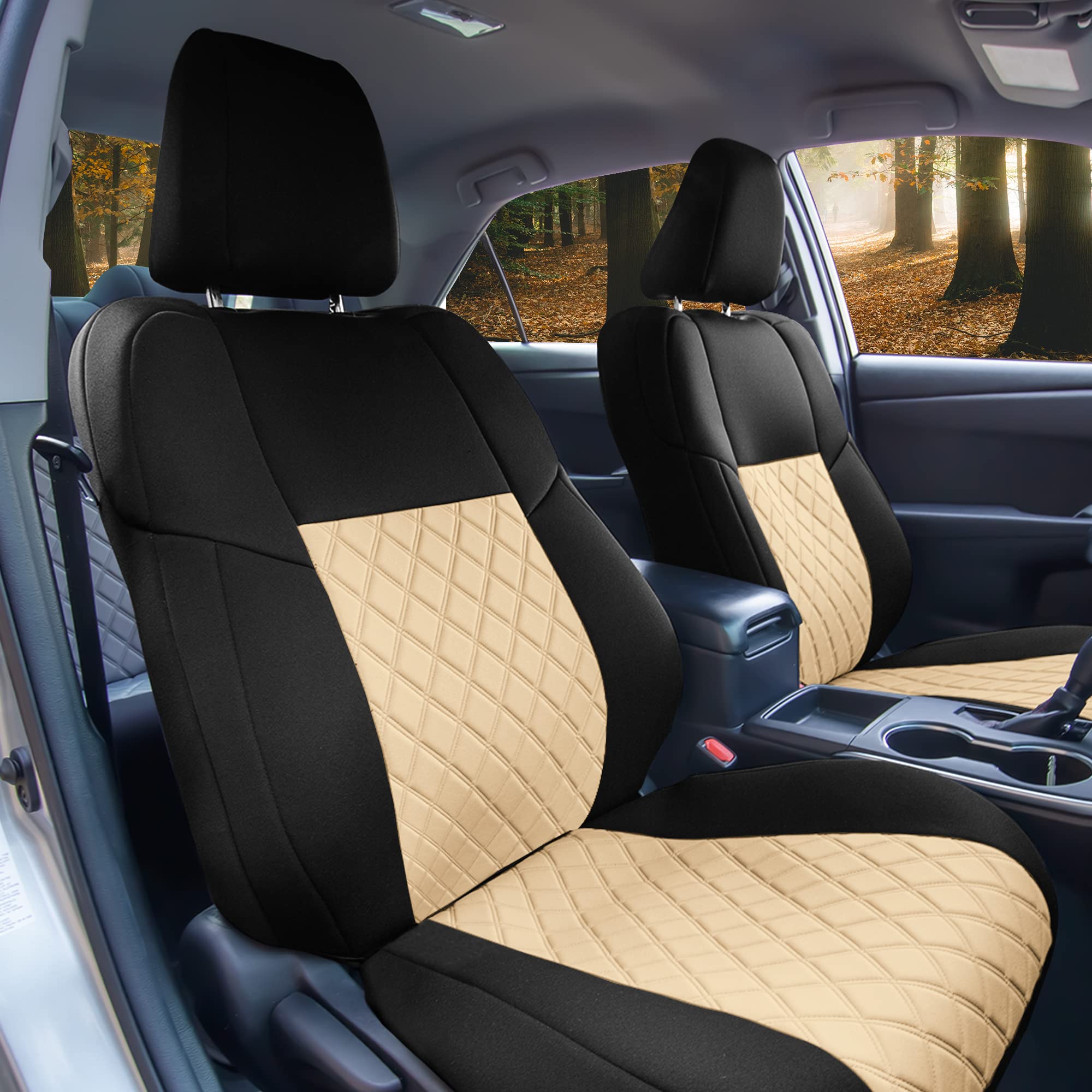 Custom Fit Neoprene Seat Covers for Toyota Camry LE/SE/XSE/XLE (2012-2017) - Waterproof Beige & Black Front Seat Covers | Perfect for Daily Commuting, Road Trips & Protecting Car Interior