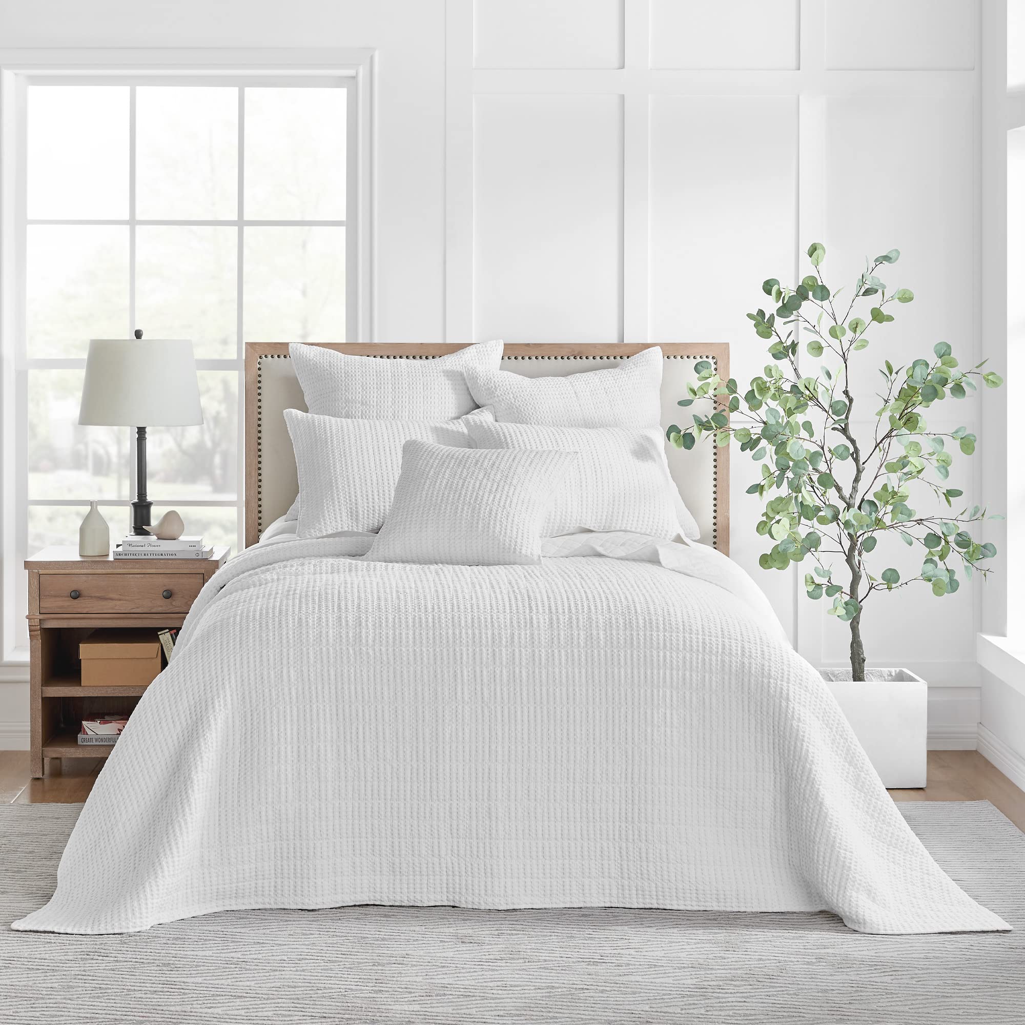 Levtex Home Mills Waffle Queen Quilted Bedspread Set - 100% Cotton Waffle Weave Bedding - Bright White (104