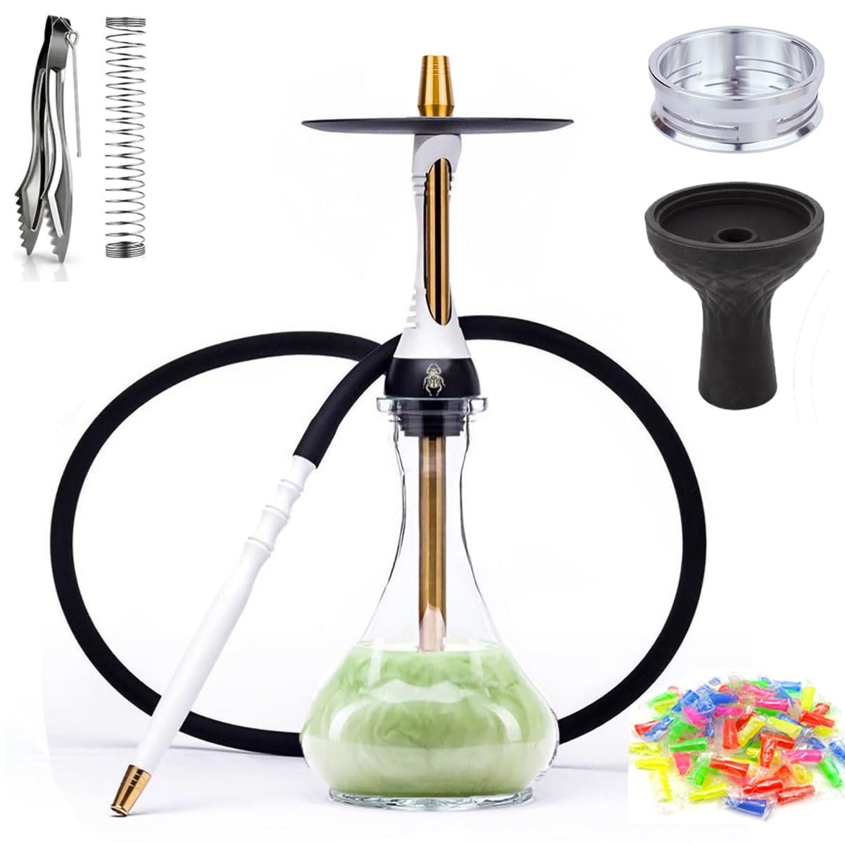 Premium Stainless Steel Hookah Set with Glass Vase, Silicone Bowl & Hose - Complete Shisha Kit with Tongs & Accessories (White) for Home Parties, Lounges & Relaxation