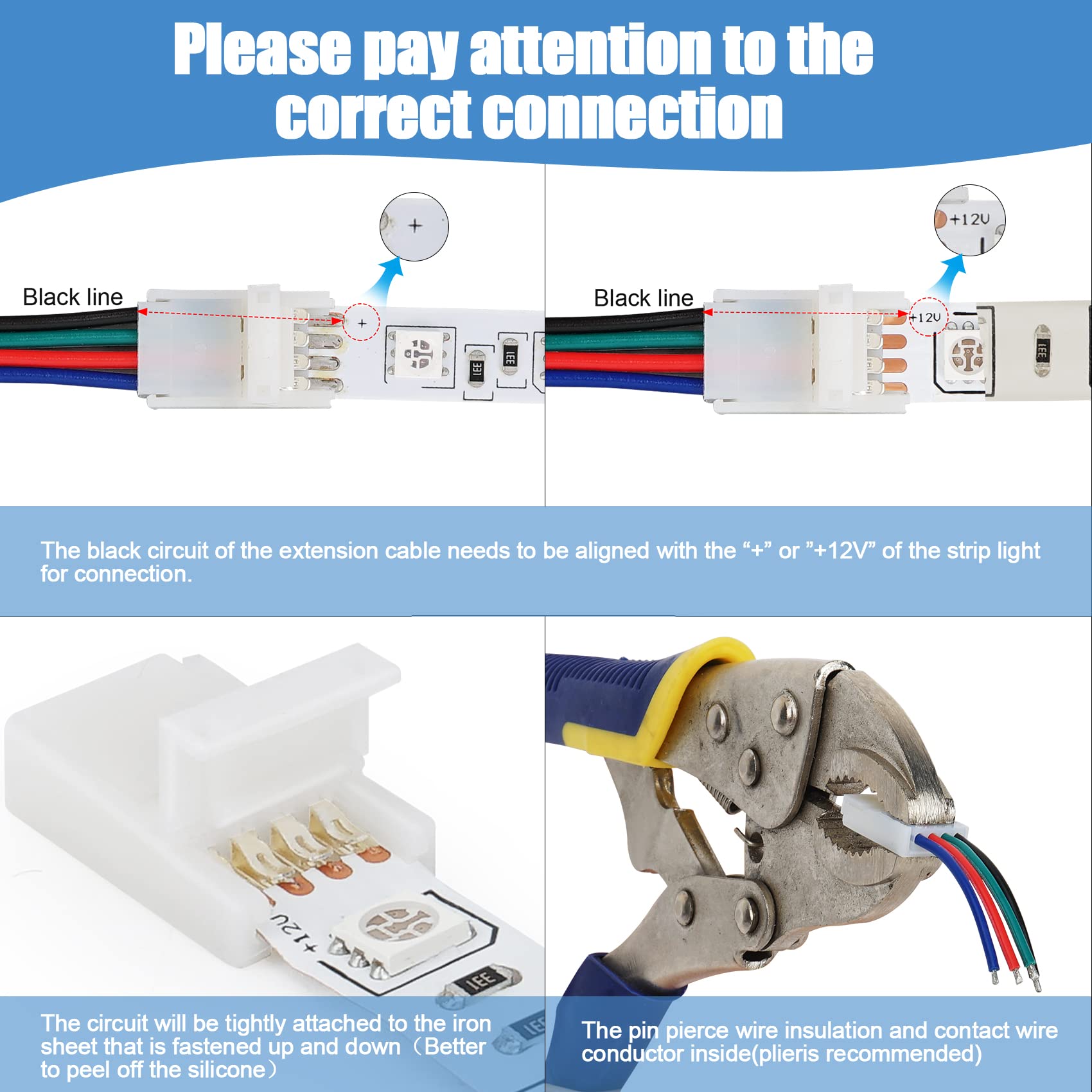 22 Gauge AWG 4 Pin RGB LED Strip Extension Cable 16.4ft with 12PCS 10mm Connectors - No Wire Stripping Required for 3528/5050 LED Strips - Perfect for Home Lighting, DIY Projects, and Holiday Decorations