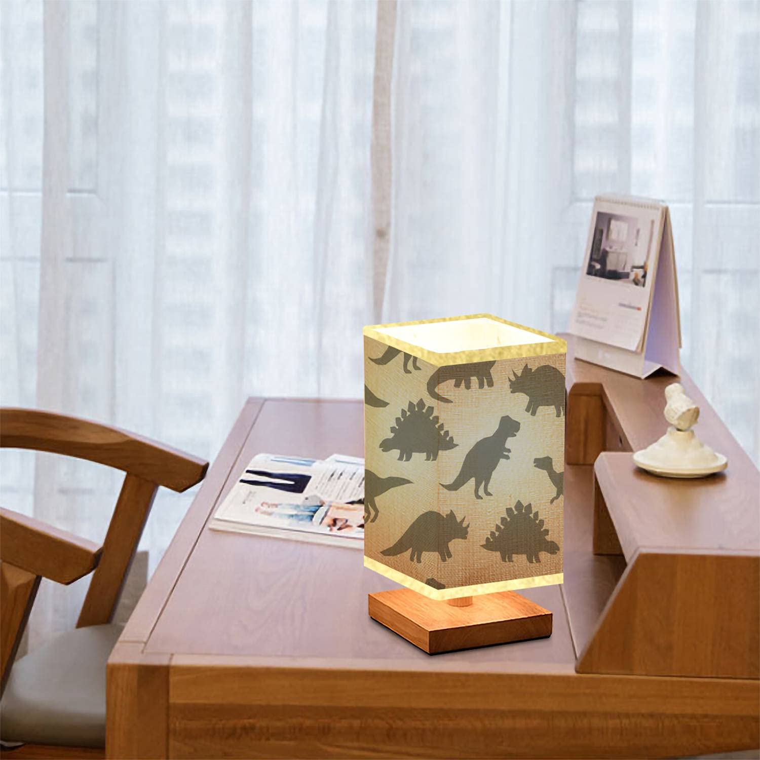 Dimmable Square Bedside Table Lamp with Hand-Drawn Dinosaur Silhouette - Gray Cartoon Dino Design, Wooden Base & Flaxen Fabric Shade - Perfect Nightstand Lamp for Bedroom, Living Room, Nursery or Kids Room Decor
