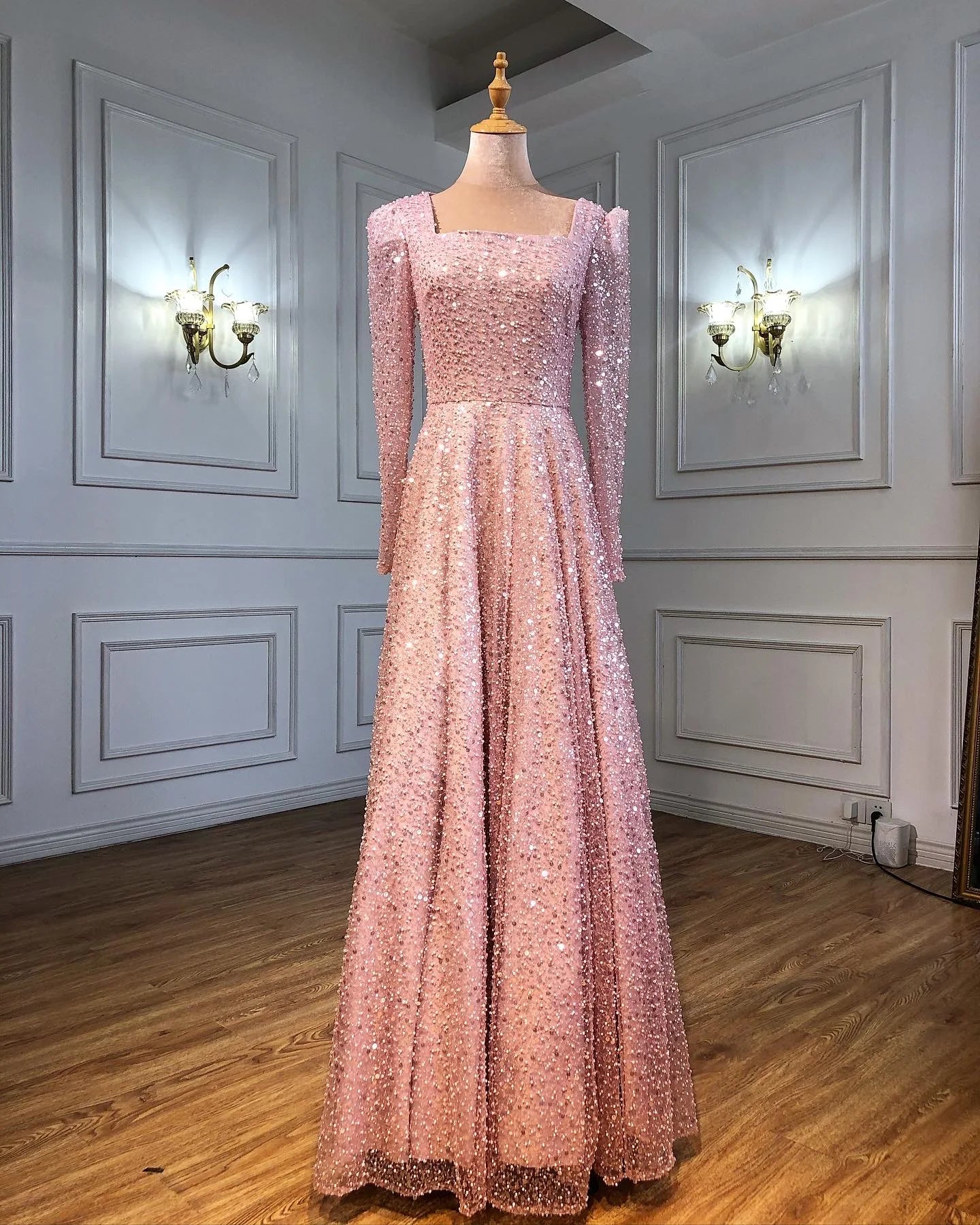 Elegant Dubai Arabic Green A-Line Luxury Evening Gown with Beaded Long Sleeves for Women - Perfect for Weddings, Galas & Formal Parties 2025 LA70271 | Serene Hill Collection