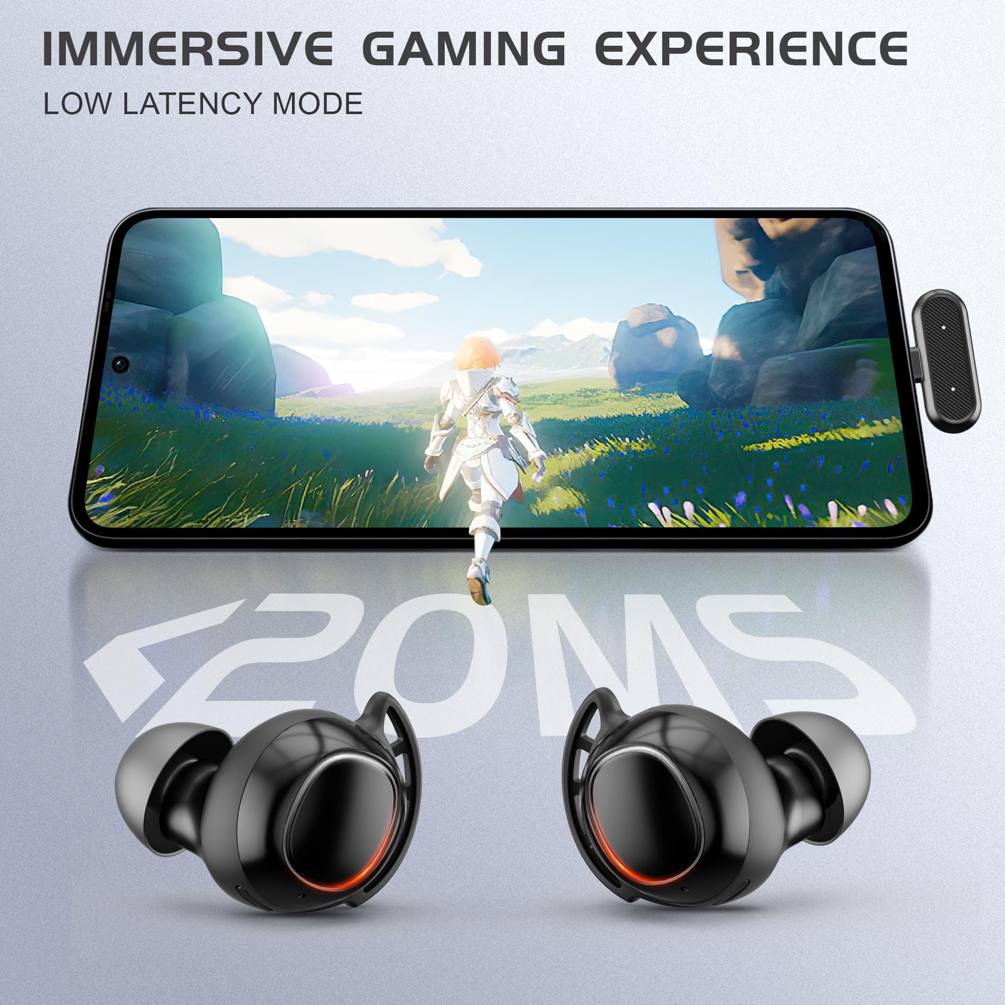 IAMJOY Wireless Gaming Earbuds with LED Display - 20ms Ultra-Low Latency, 90H Playtime, 2.4GHz & Bluetooth - Compatible with Meta Quest, PS5/4, VR, Switch, PC - Perfect for VR Gaming, Competitive Esports & Mobile Gaming