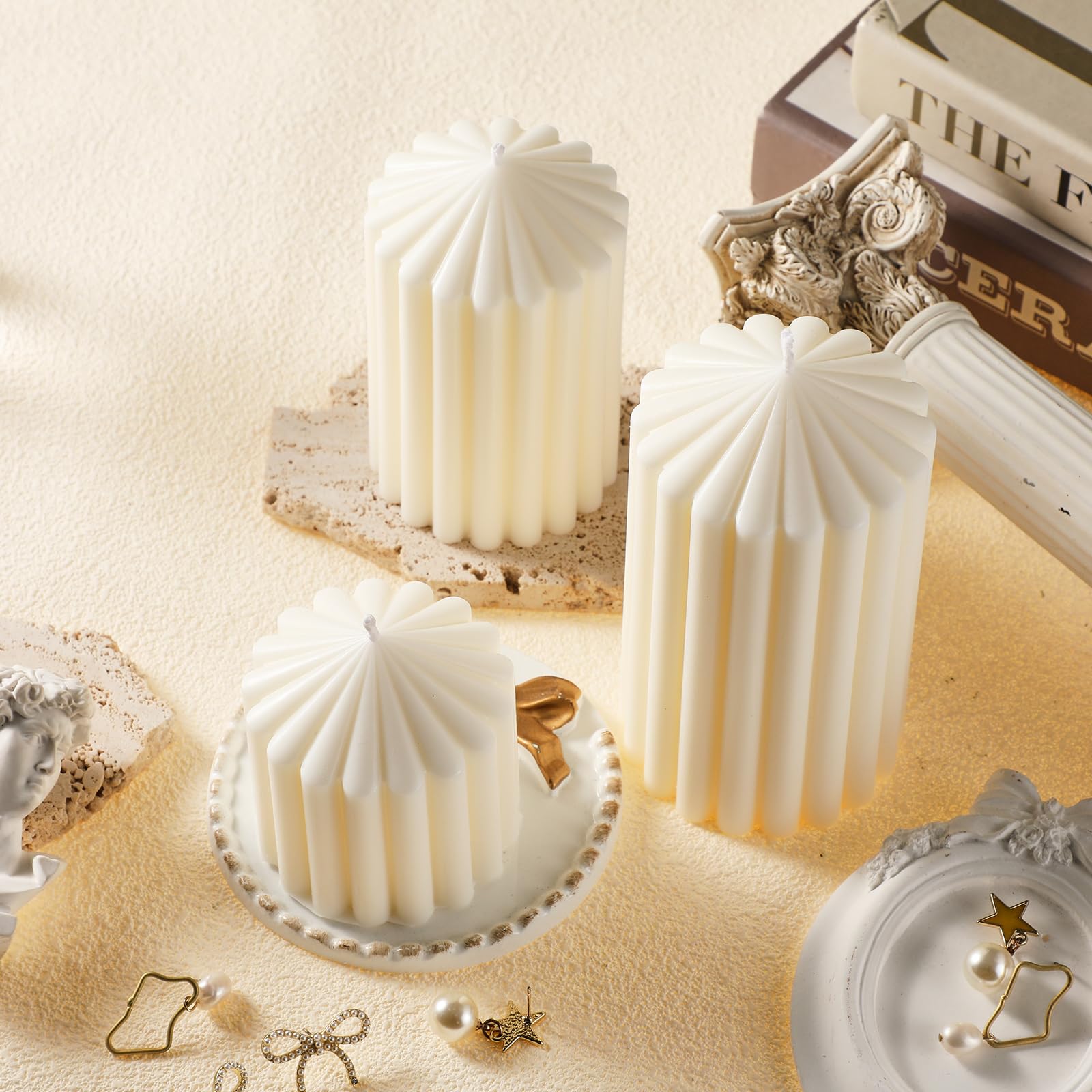 Soy Wax Ribbed Pillar Candles Set of 3 - Home Decor & Gifts