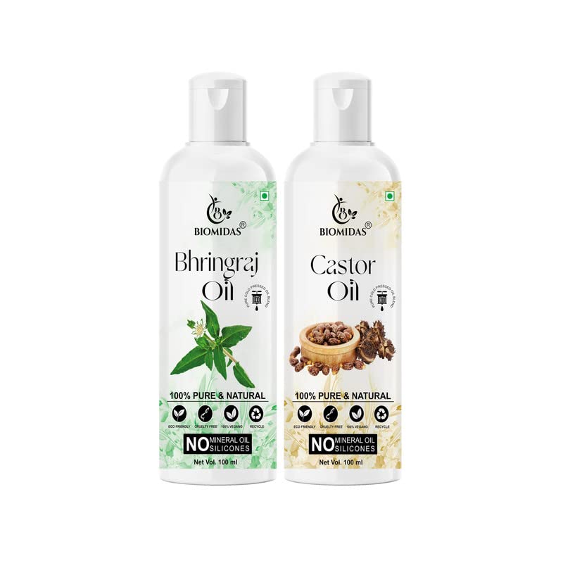 Biomidas 100% Pure Bhringraj Oil & Castor Oil Combo (100ML Each) - Promotes Rapid Hair Growth, Reduces Hair Fall, Repairs Split Ends for Softer & Shinier Hair - Natural Hair Care Treatment for Men & Women - Perfect for Daily Scalp Massage & Overnight Hair Mask (Pack of 2)
