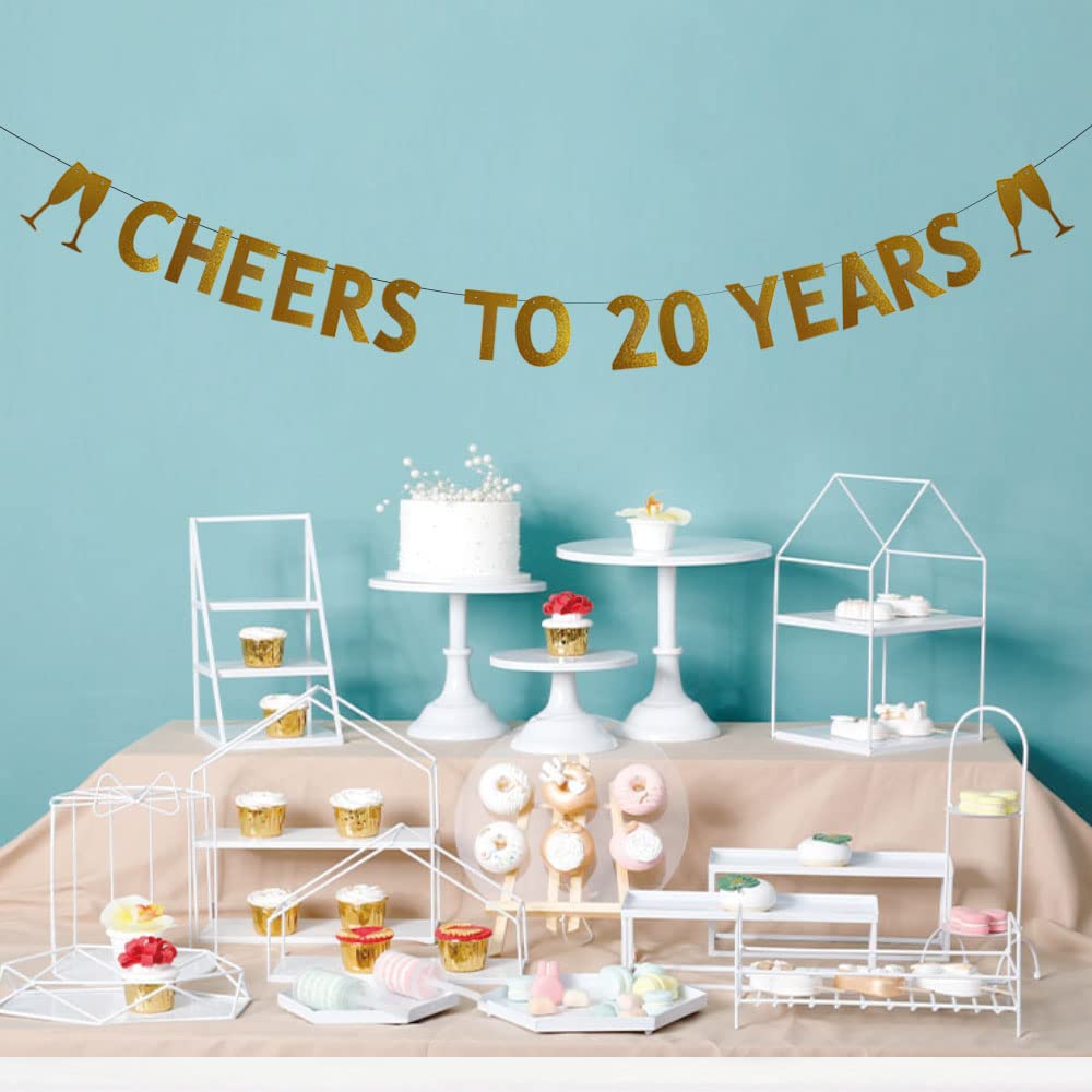 20th Birthday & Wedding Anniversary Gold Glitter Banner - CHEERS TO 20 YEARS Pre-strung Party Decorations, No Assembly Required - Perfect for Backdrops, Photo Booths & Celebration Garlands