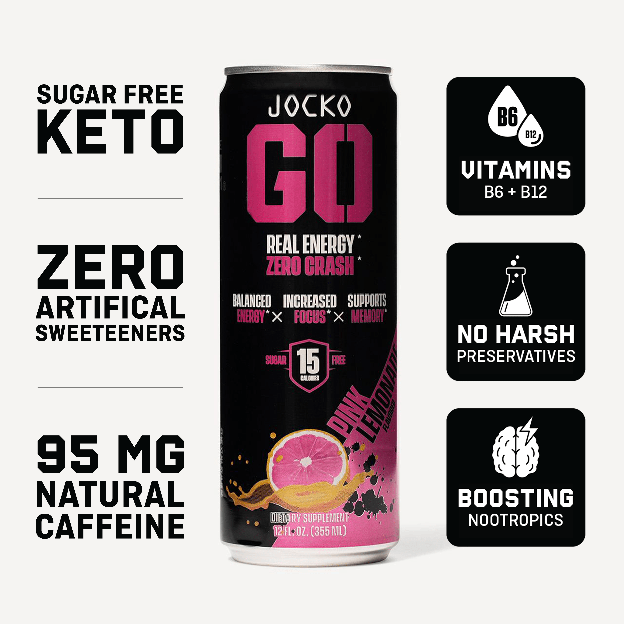 JOCKO GO Energy Drink - 12 Pack | Sugar-Free Pre Workout & Post Workout Supplement | Boost Energy & Focus for Gym, Running & Fitness
