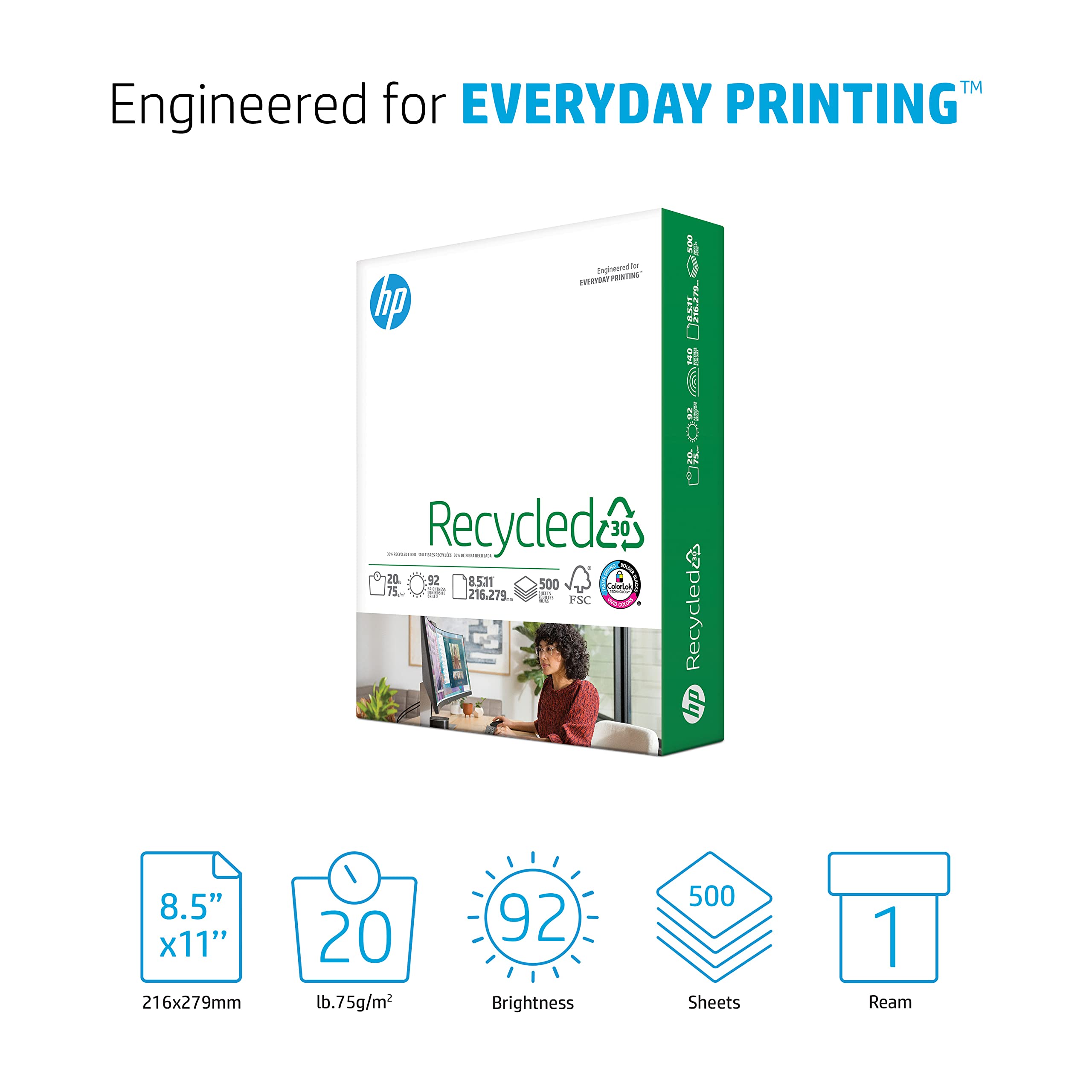 HP Printer Paper 8.5 x 11 Inches - 30% Recycled Copy Paper, 1 Ream (500 Sheets), 92 Brightness, FSC Certified, Made in USA - Ideal for Home Office, School & Business Printing
