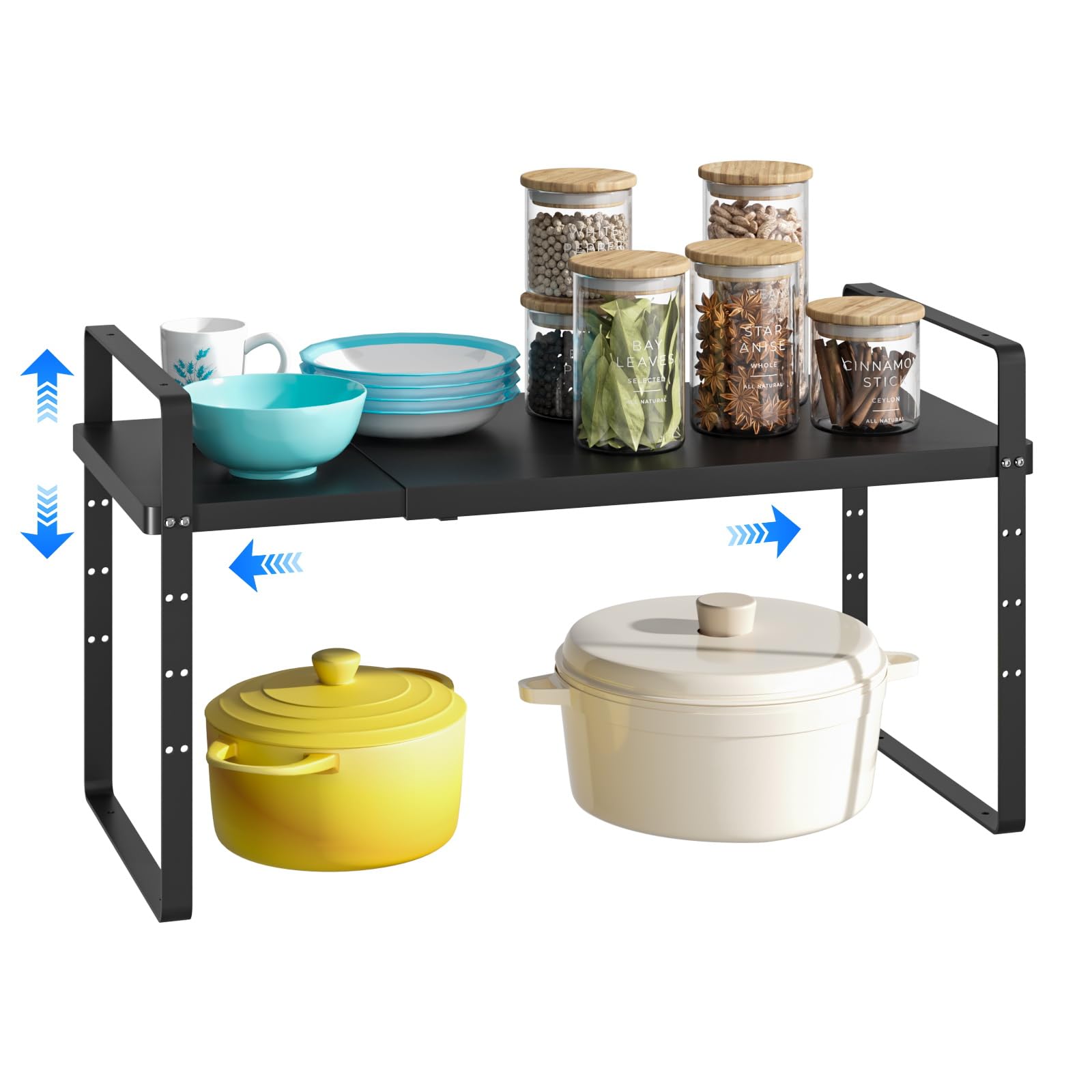 Expandable Cabinet Shelf Organizer - Heavy Duty Stackable Kitchen Pantry Storage (80LBS Capacity) - Adjustable Closet & Cupboard Organizer Rack - Spice & Counter Organization - Large Black 1 Pack - Perfect for Pantry, Bathroom & Closet Storage Solutions