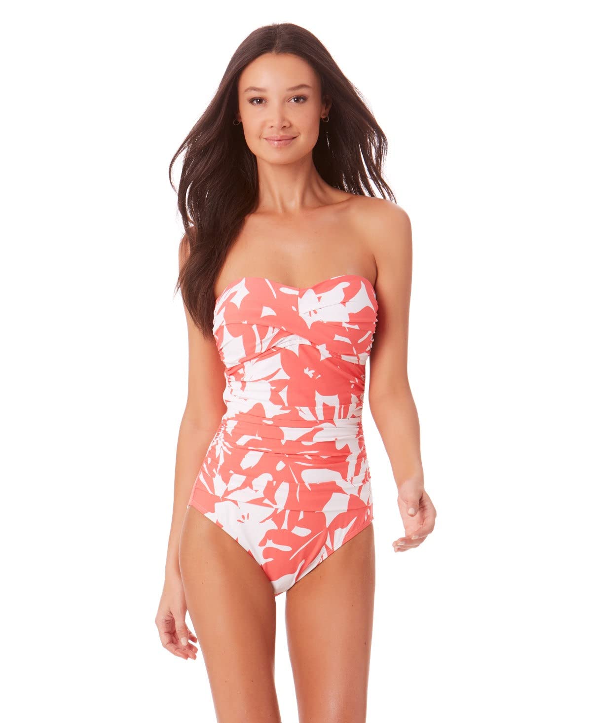 Anne Cole Women's Twist Front Shirred Bandeau One-Piece Swimsuit - Sexy High Cut Bathing Suit for Beach, Pool & Vacation