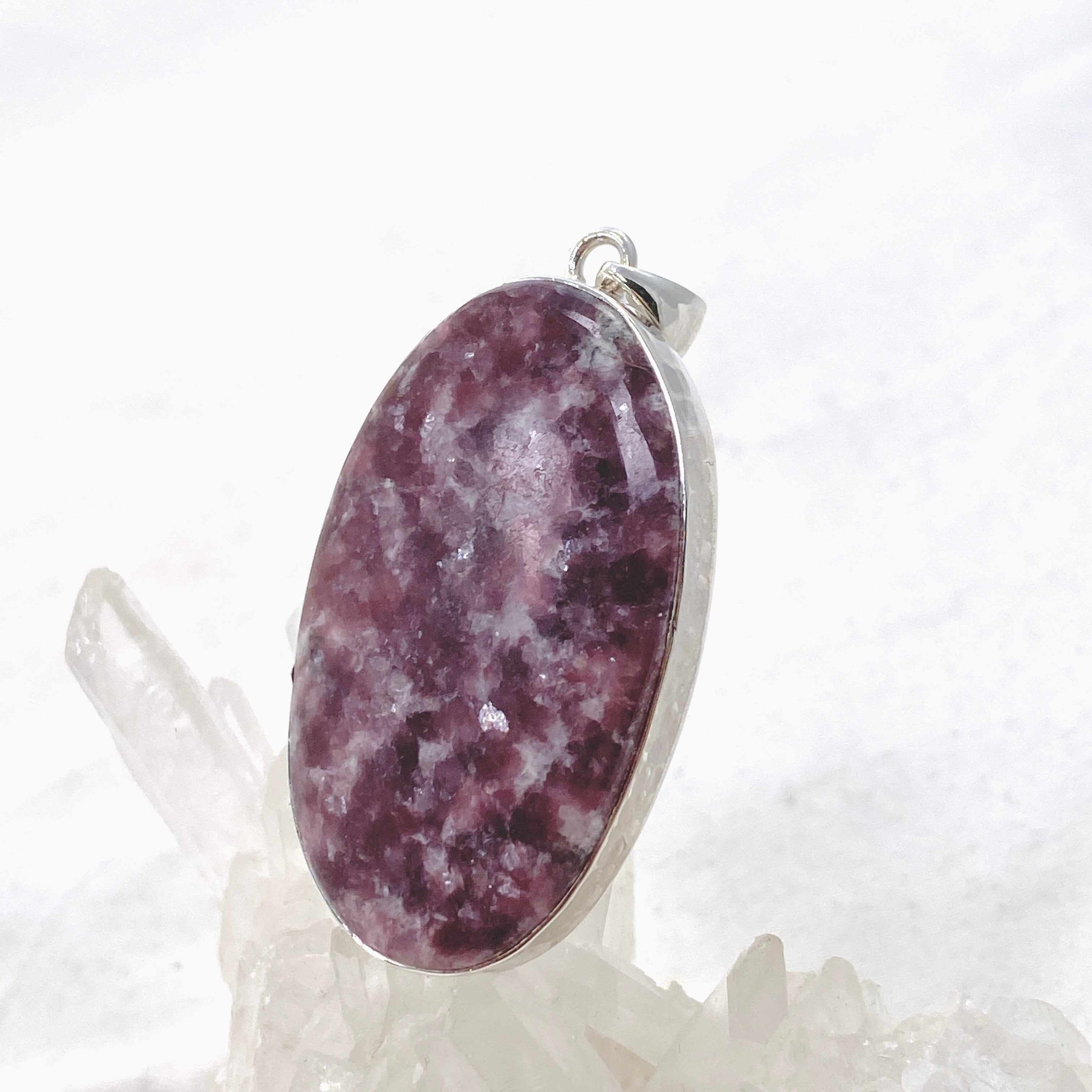 Natural Lepidolite Oval Cabochon Pendant with Hammered Sterling Silver Setting - Healing Crystal Jewelry for Stress Relief & Emotional Balance | Perfect for Meditation, Yoga & Spiritual Practices