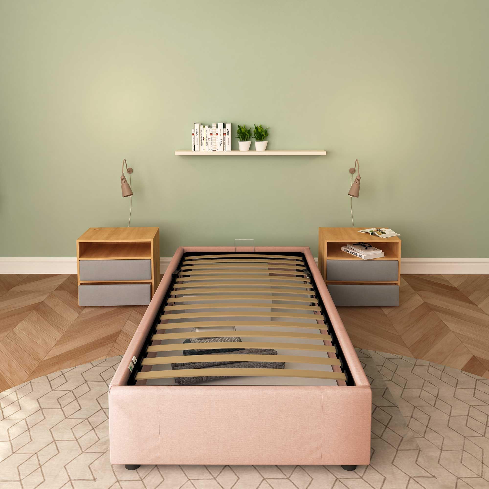 Baldiflex Square and Half Bed with Storage Container, Cloe Fabric Model, No Headboard, Slatted Base for Mattresses, 100 x 200 cm, Antique Pink - Perfect for Small Bedrooms, Guest Rooms & Kids' Rooms