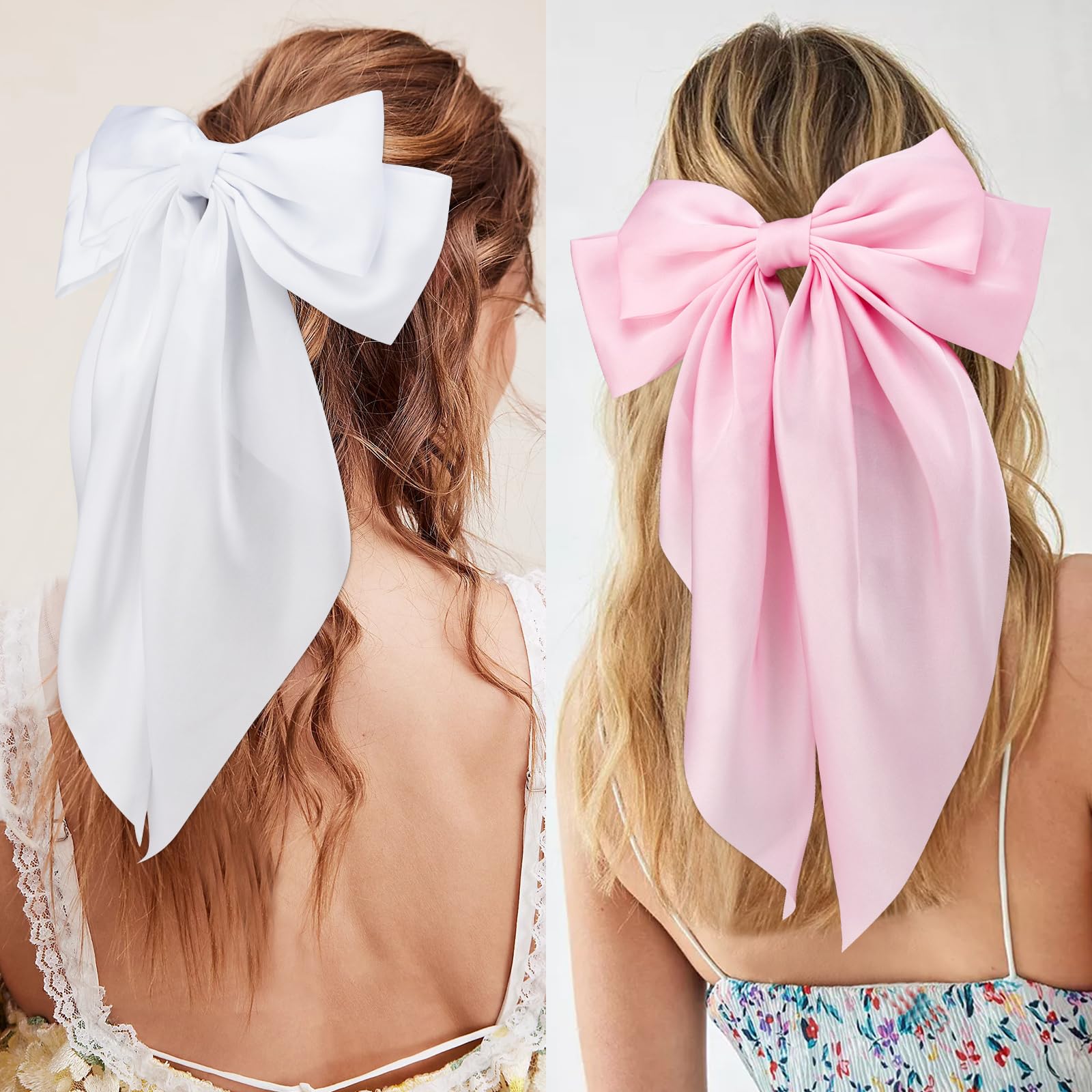 Velscrun 3Pcs Large Satin Hair Bows for Women & Girls - White, Pink, Black - Oversized Hair Clips with Long Tail Ribbons - Perfect for Parties, Weddings, and Everyday Hair Accessories