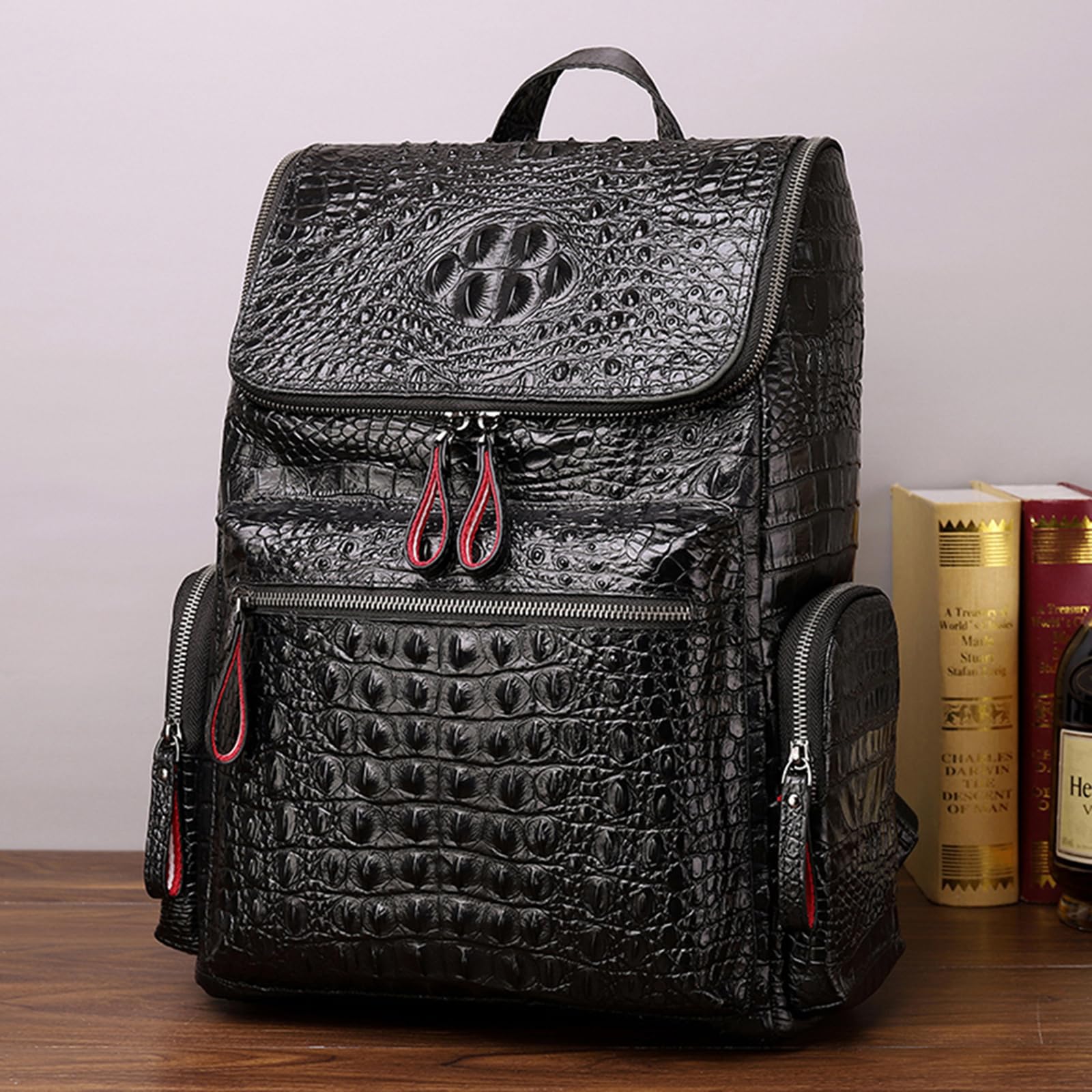 Boshiho Genuine Leather Laptop Backpack for Men - Stylish Crocodile Pattern Travel Bag & Business Daypack - Perfect for Work, Commuting & Weekend Getaways (Large Size)