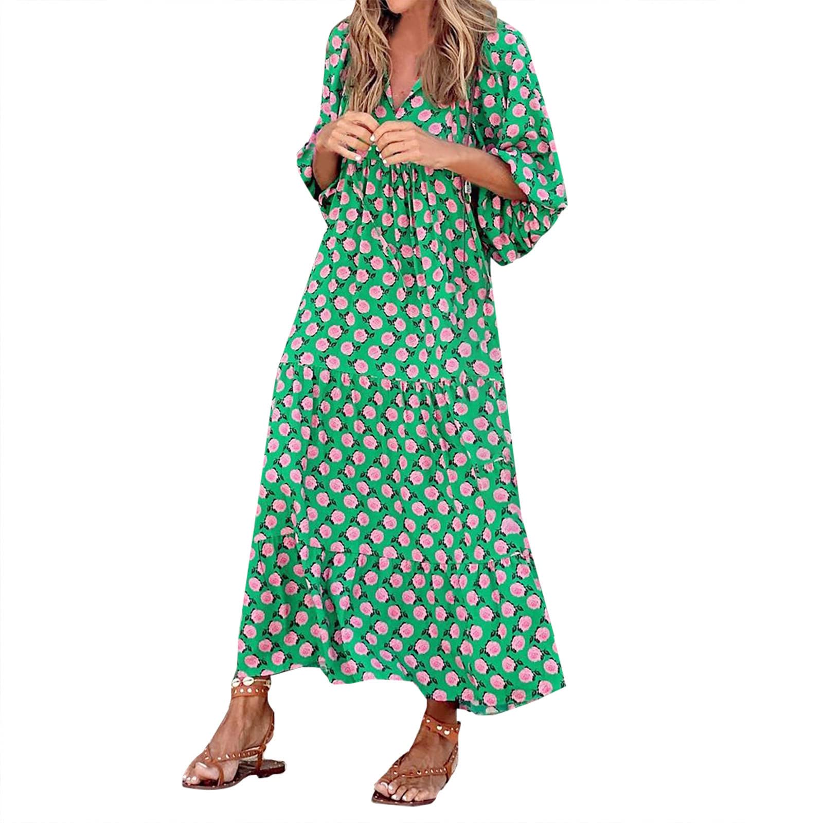 Boho Floral Print Lantern Sleeve Plus Size Dress for Women - Loose Babydoll Tiered Summer Dress for Beach Holiday, Vacation & Casual Outings