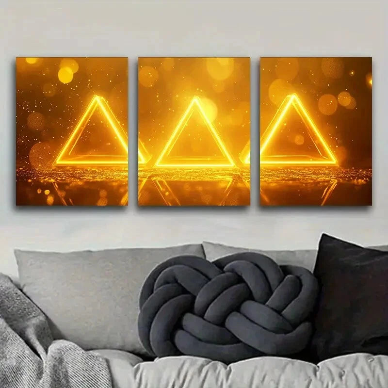 3-Piece Glowing Yellow Triangle Metal Wall Art - Ready to Hang Modern Home Decor for Living Room, Bedroom & Office