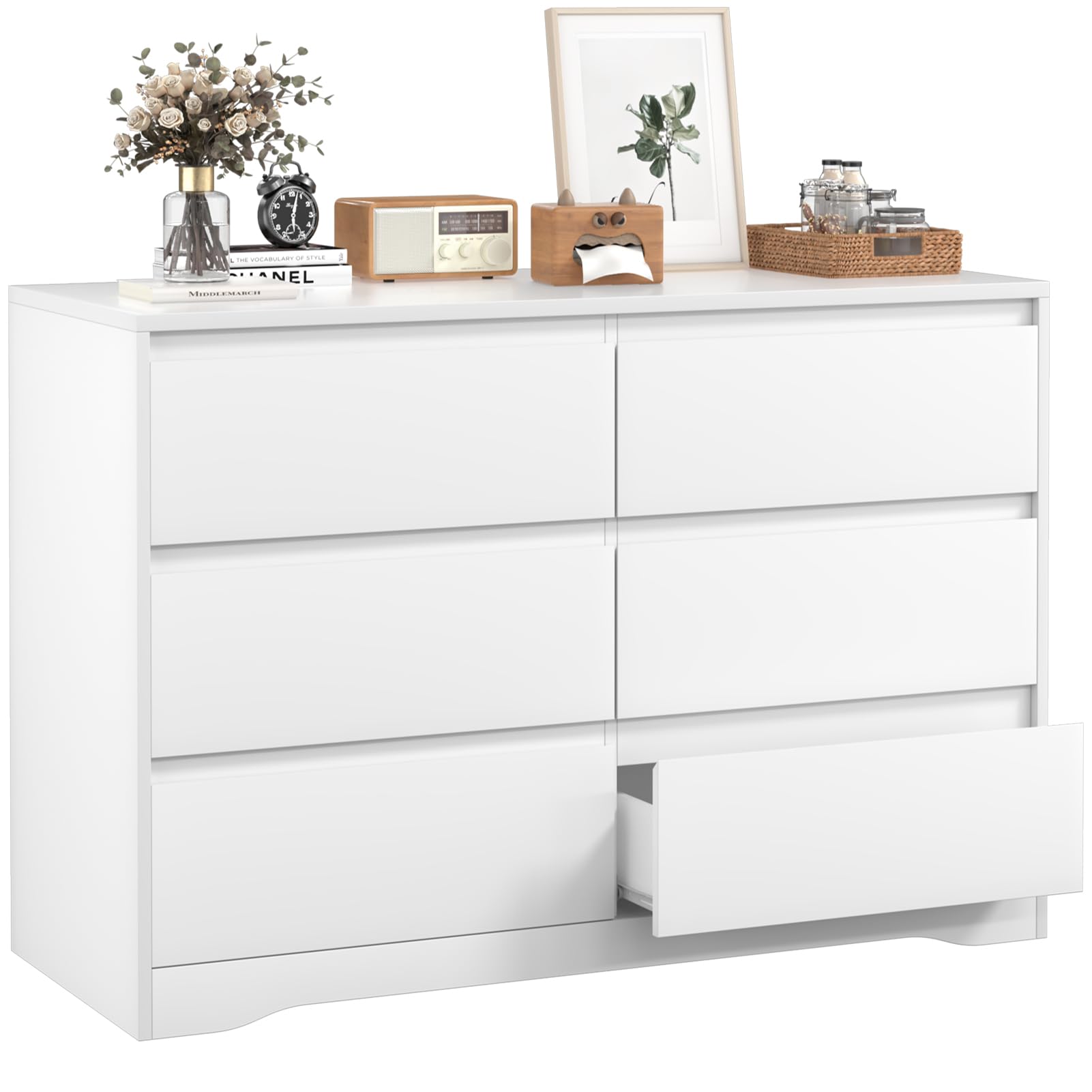 Modern 6-Drawer Dresser for Bedroom & Living Room - White Wooden Storage Chest with Deep Drawers - Perfect for Bedroom Organization, Entryway Storage & Hallway Decor