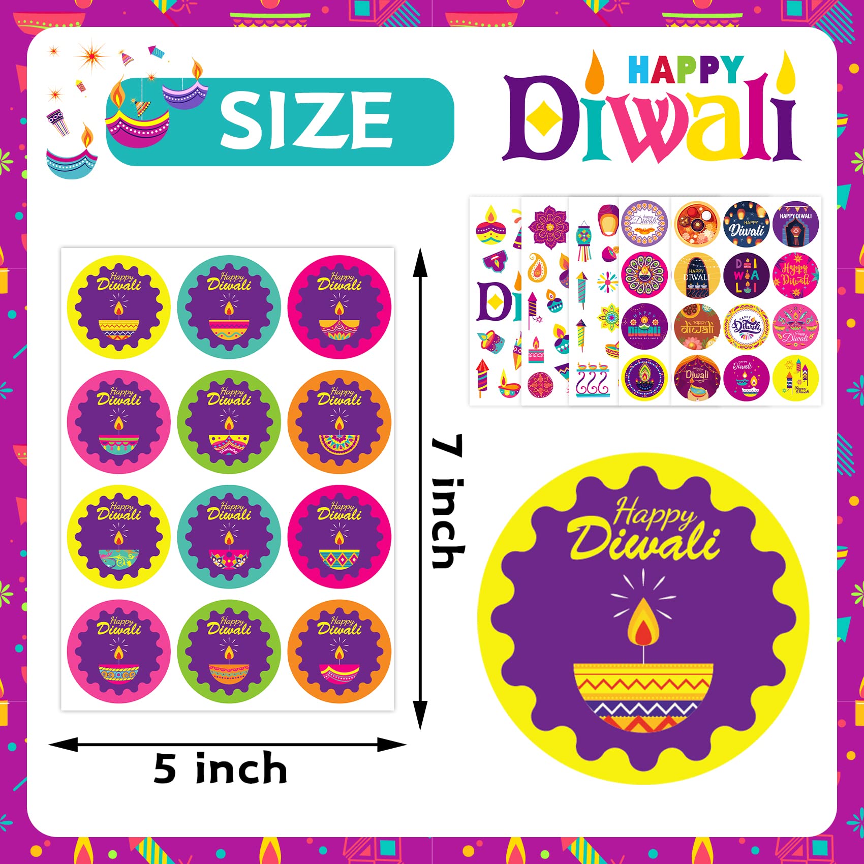 Happy Diwali Stickers for Kids - 24 Sheets Rangoli & Diya Stickers for Party Favors & Decor