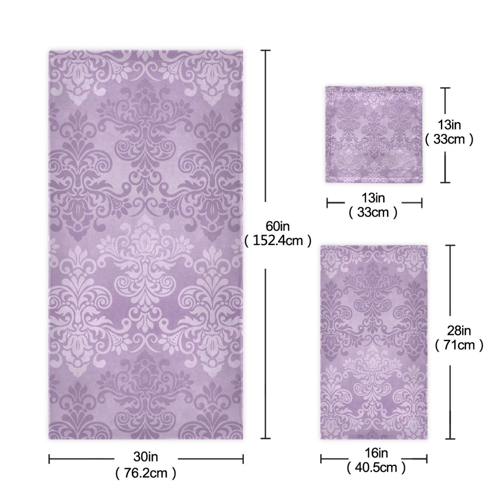 ALAZA 3-Piece Luxury Bath Towel Set - Soft, Highly Absorbent Purple Damask Floral Design (1 Bath Towel, 1 Hand Towel, 1 Washcloth) for Bathroom, Spa, Gym, Beach & Home Decor