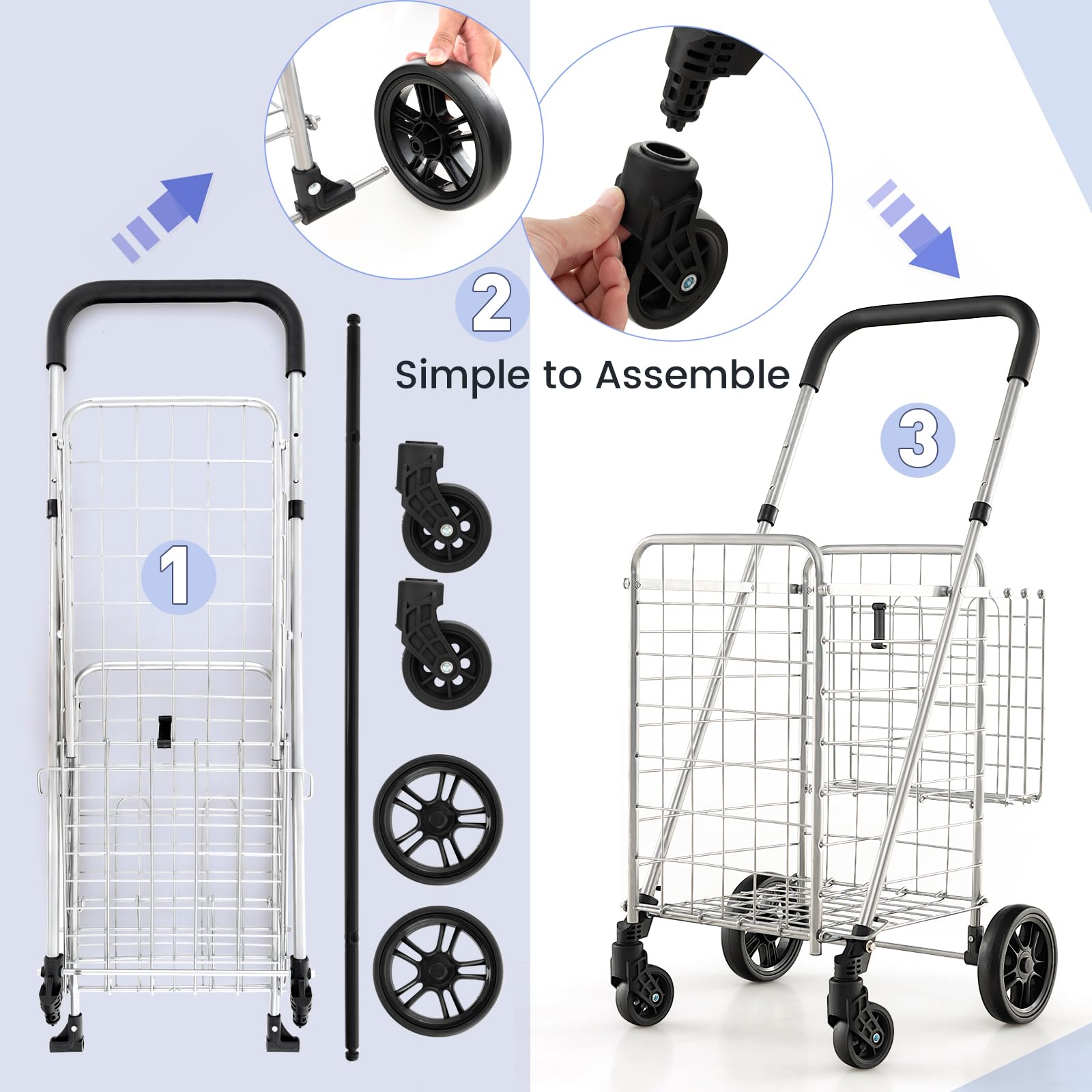 Goplus Folding Shopping Utility Cart with Double Basket - 360° Swivel Wheels & Adjustable Handle - Compact Grocery Laundry Book Luggage Cart for Home, Office, Travel and Outdoor Use