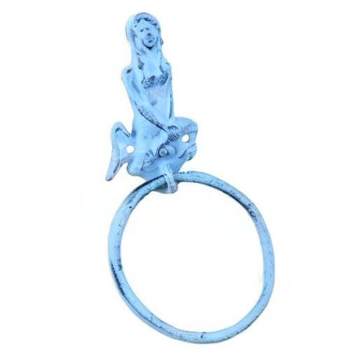 Rustic Dark Blue Whitewashed Cast Iron Mermaid Towel Holder - 8.5 Inch Metal Wall Hook for Bathroom, Kitchen, or Beach House Decor | Mermaid-Themed Home Accessory