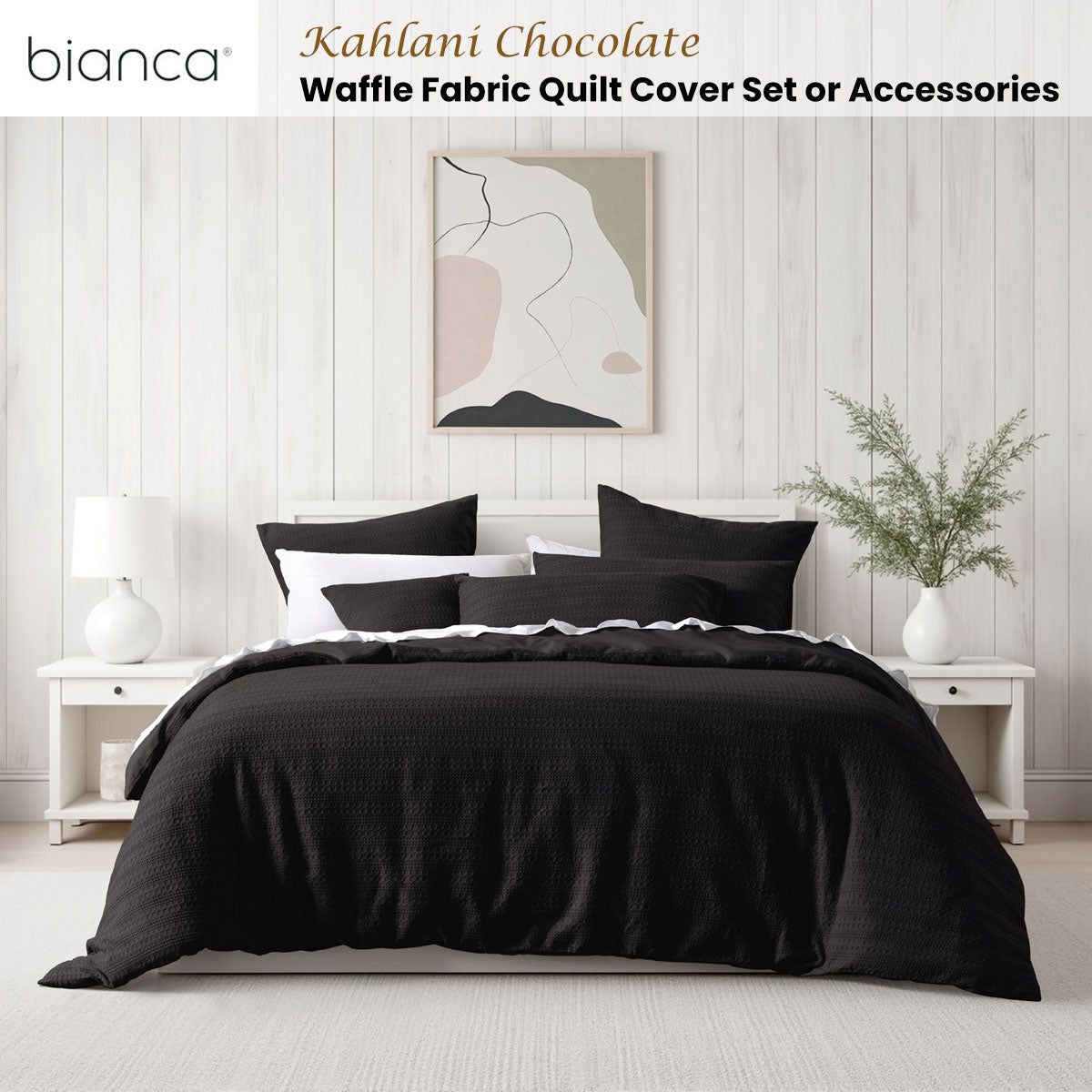 Bianca Kahlani Chocolate Brown Waffle Quilt Cover Set - Super King Size (200x200cm) - Luxury Textured Bedding for Master Bedroom & Guest Room