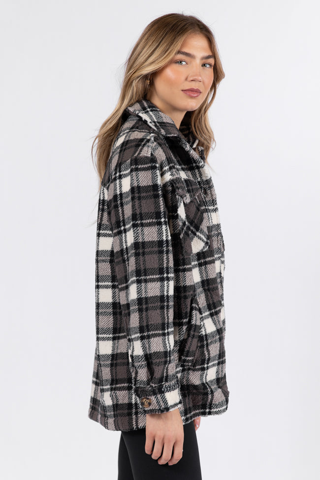 Through The Leaves Black Plaid Sherpa Shacket - Cozy Winter Jacket for Women | Perfect for Outdoor Adventures & Casual Wear