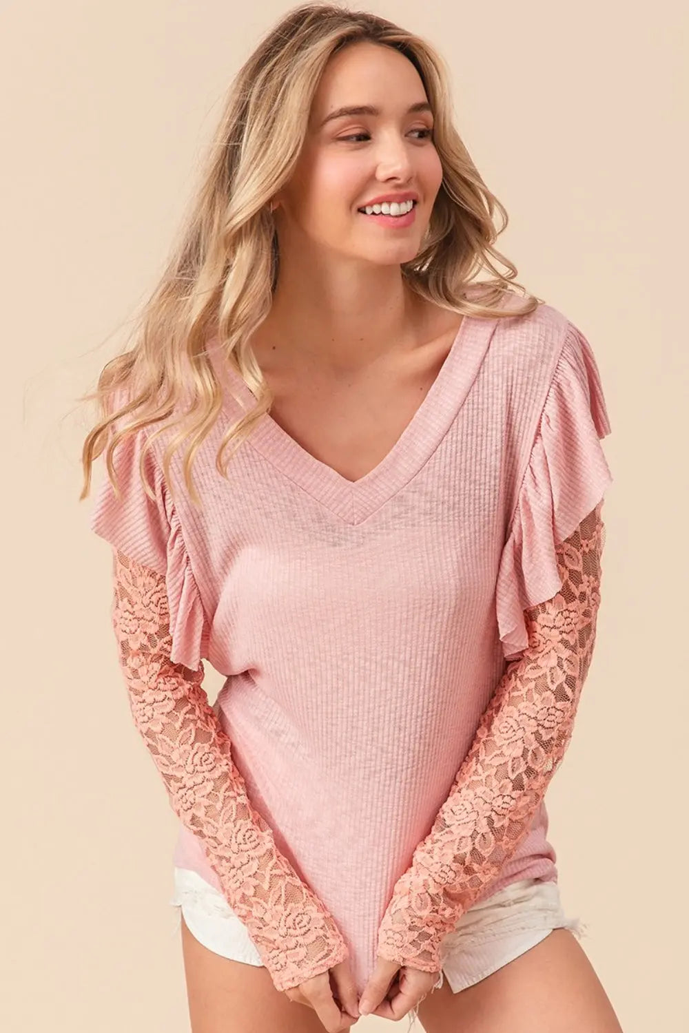 BiBi Ruffled Lace Sleeve Rib Knit Top for Women | Elegant Blouse for Date Night & Office Wear