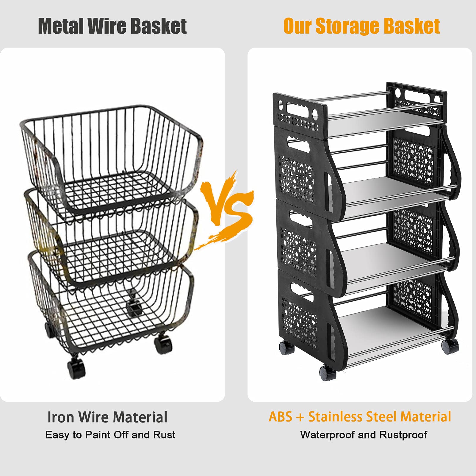 Nandae 4-Tier Metal Rolling Cart Organizer with Wheels - Kitchen Storage Basket for Fruits, Vegetables, Pantry, Bedroom, Bathroom - Ideal for Home, Office, and Dorm Organization