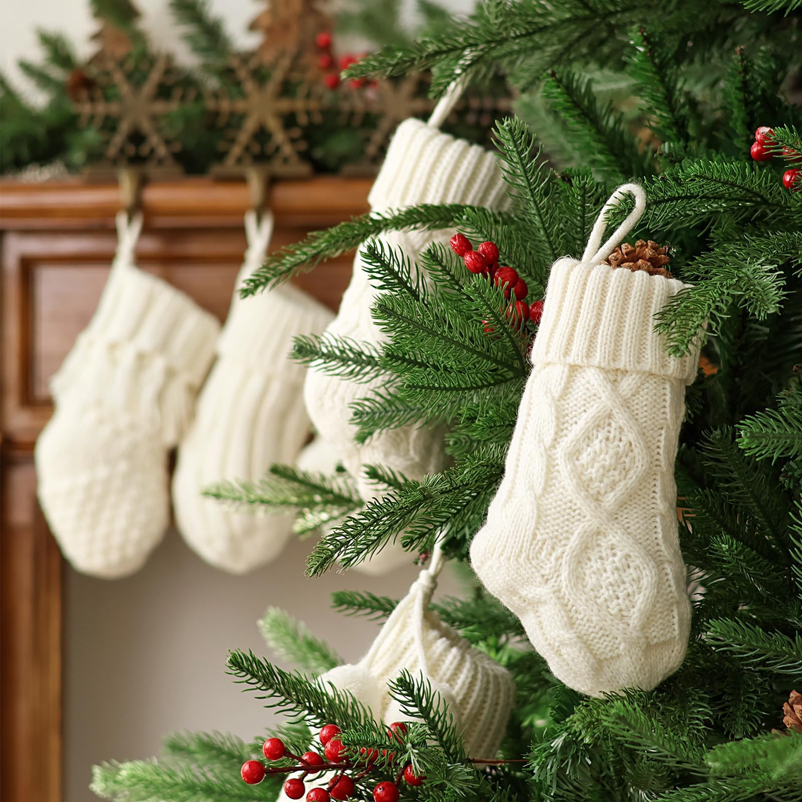6 Pack Mini Knitted Christmas Stockings - 9 Inch Beige Cable Knit Fireplace Stockings for Holiday Decor | Rustic Boho Style Handmade Xmas Stocking Decorations | Perfect for Family Christmas, Fireplace Mantel & Cozy Home Décor (Cream White)