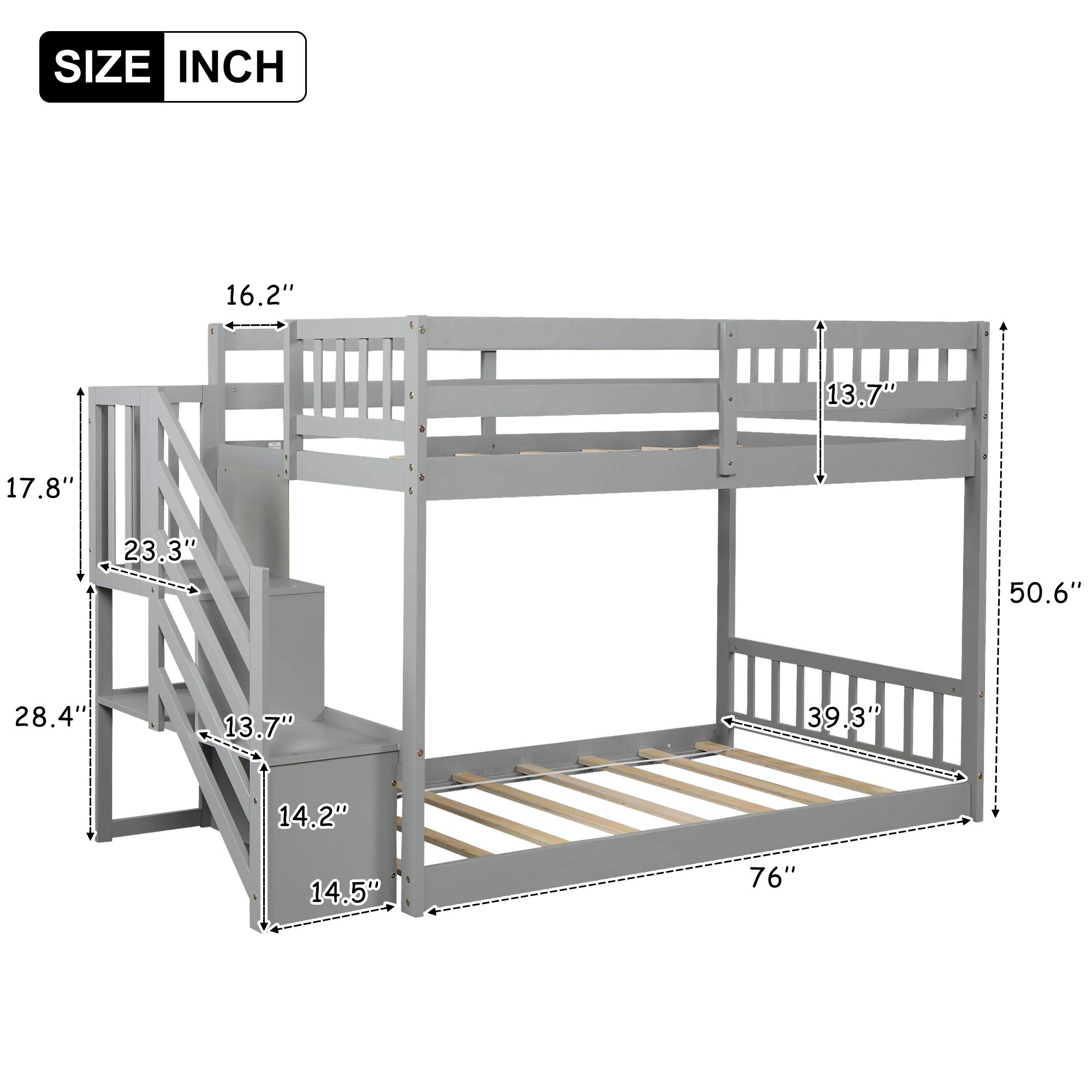 Merax Twin Over Twin Solid Wood Bunk Bed Frame with Storage - No Box Spring Needed - Space-Saving Kids Bedroom Furniture (Grey) - Perfect for Small Rooms, Shared Kids' Bedrooms & Guest Rooms