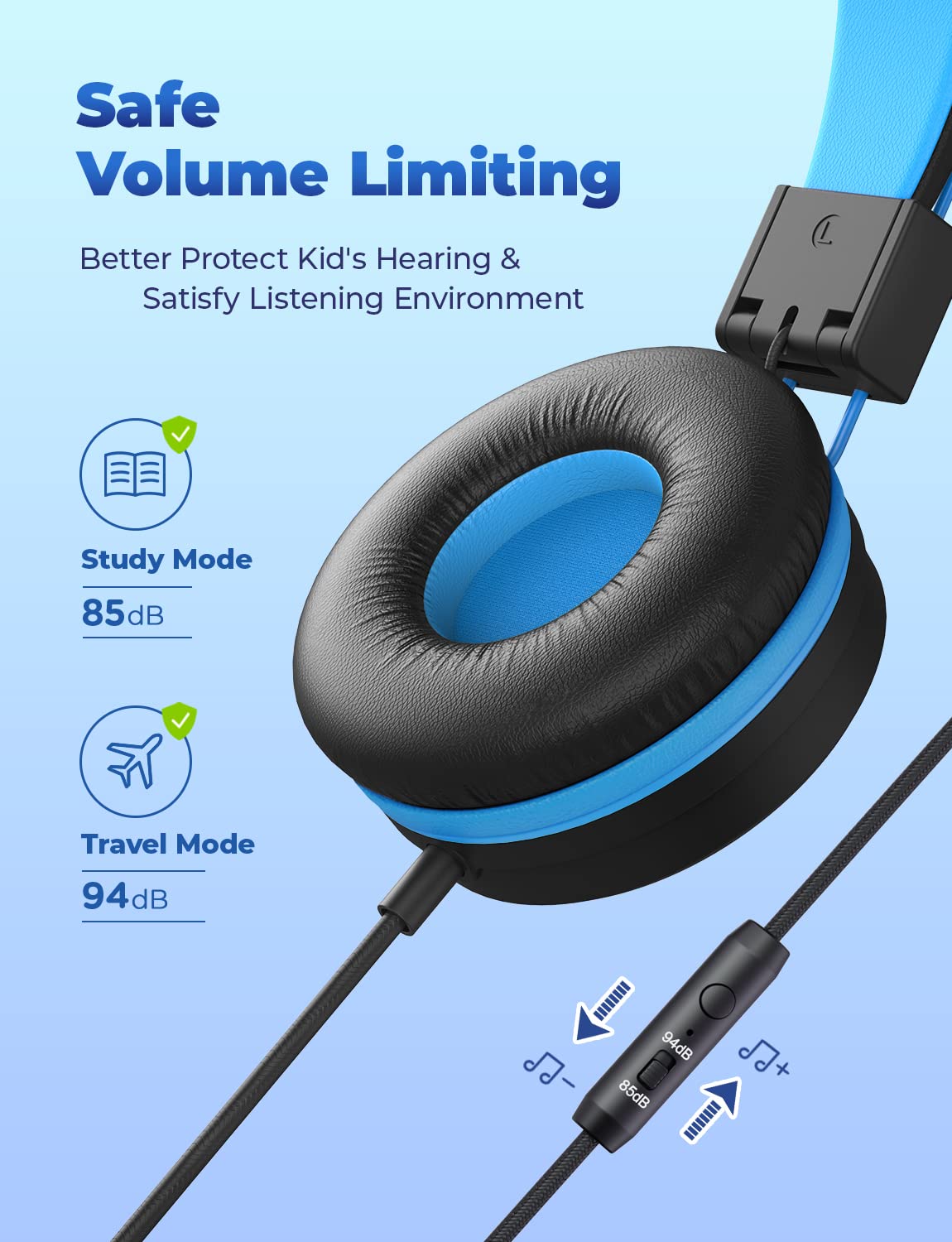 iClever Kids Headphones with Cord - 85/94dB Safe Volume Technology, Bend-Resistant & Durable, Foldable Stereo Sound Wired Headphones for Boys & Girls - Perfect for School, Travel, Tablet Use & Online Learning (3.5mm Jack, Model HS14)