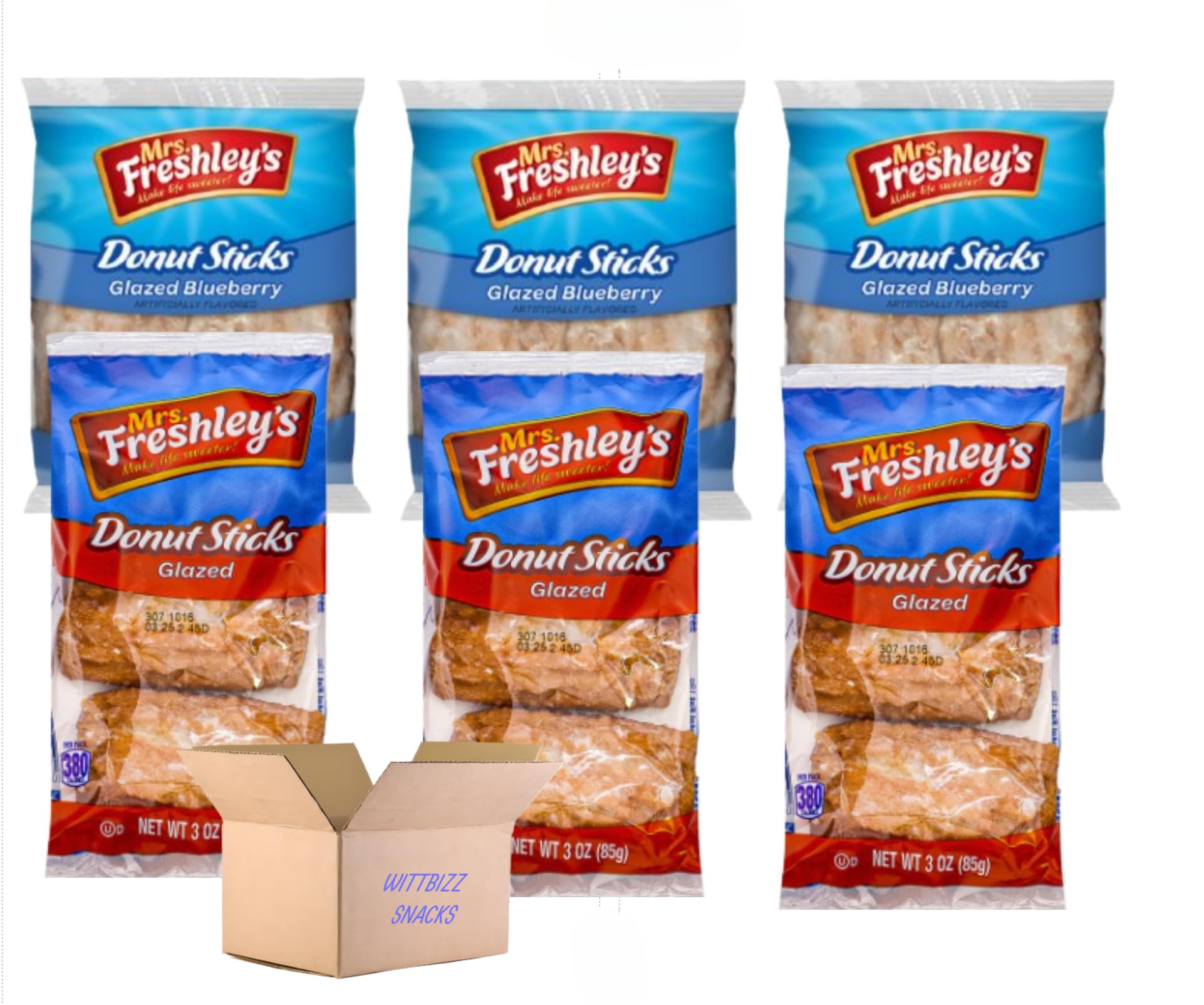 Wittbizz Snacks Bundles Ms Freshlys Donut Sticks Variety Pack - 6 Count (3 Blueberry & 3 Glazed Donuts) | Delicious Baked Pastries for Breakfast, Office Snacks & Party Treats