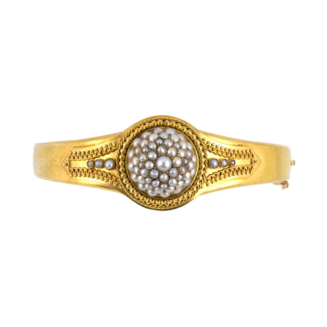 Victorian Etruscan Revival Pearl Hinged Bangle Bracelet - 1/2 Pearl Design, Antique Jewelry for Women, Perfect for Weddings, Parties & Special Occasions
