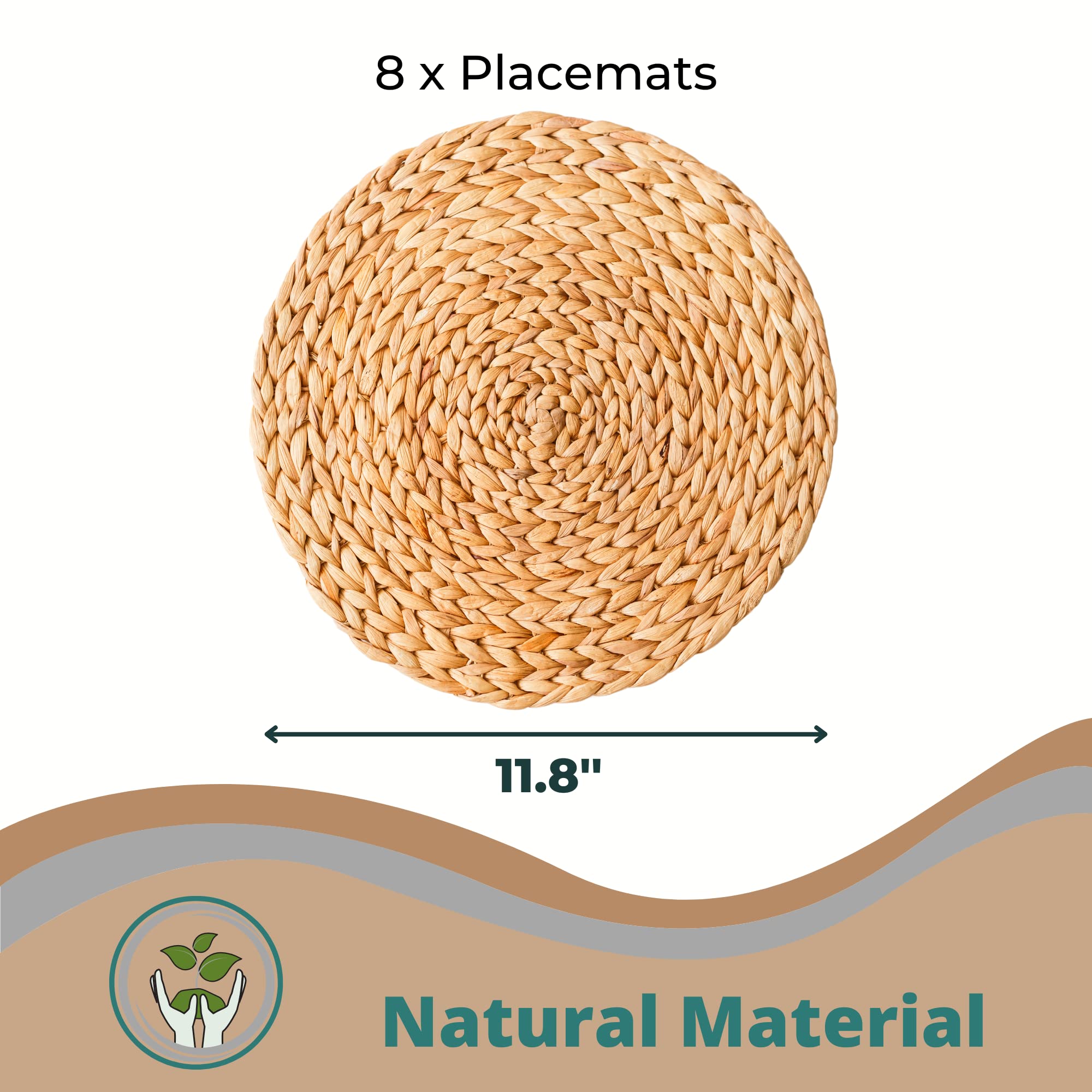 Round Woven Placemats Set of 8 - Natural Water Hyacinth Braided Straw Table Mats | Heat Resistant & Non-Slip Kitchen Dining Decor | Perfect for Farmhouse, Boho, and Coastal Style Home Decor (11.8 Inch)