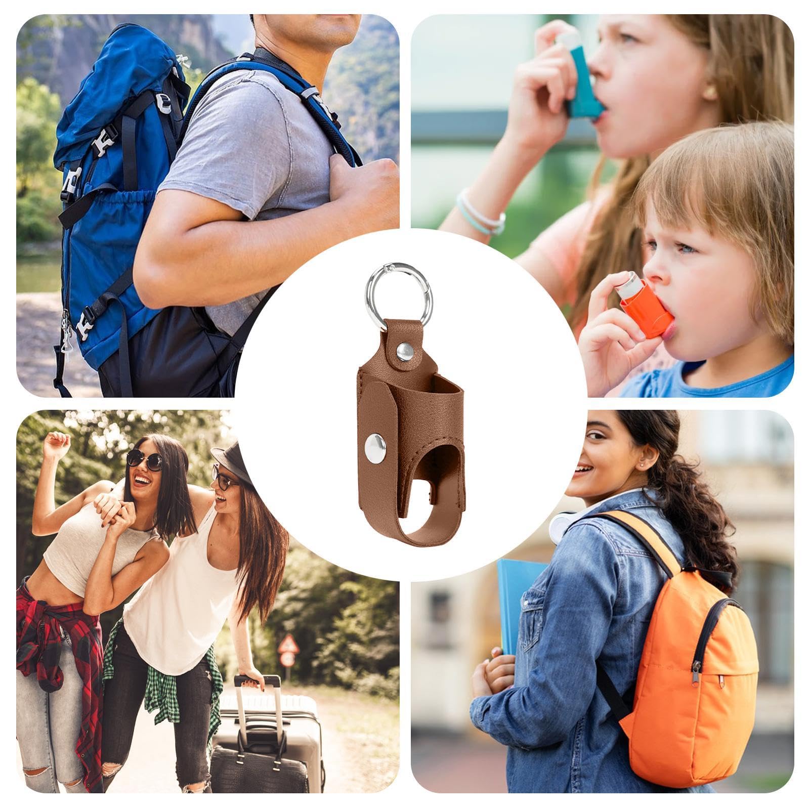 Portable Inhaler Holder Case - Keychain & Spacer Storage with Metal Buckle | Lightweight PU Leather Protective Cover for Asthma Inhalers | Perfect for Travel, School, Hiking & Daily Use (Brown)
